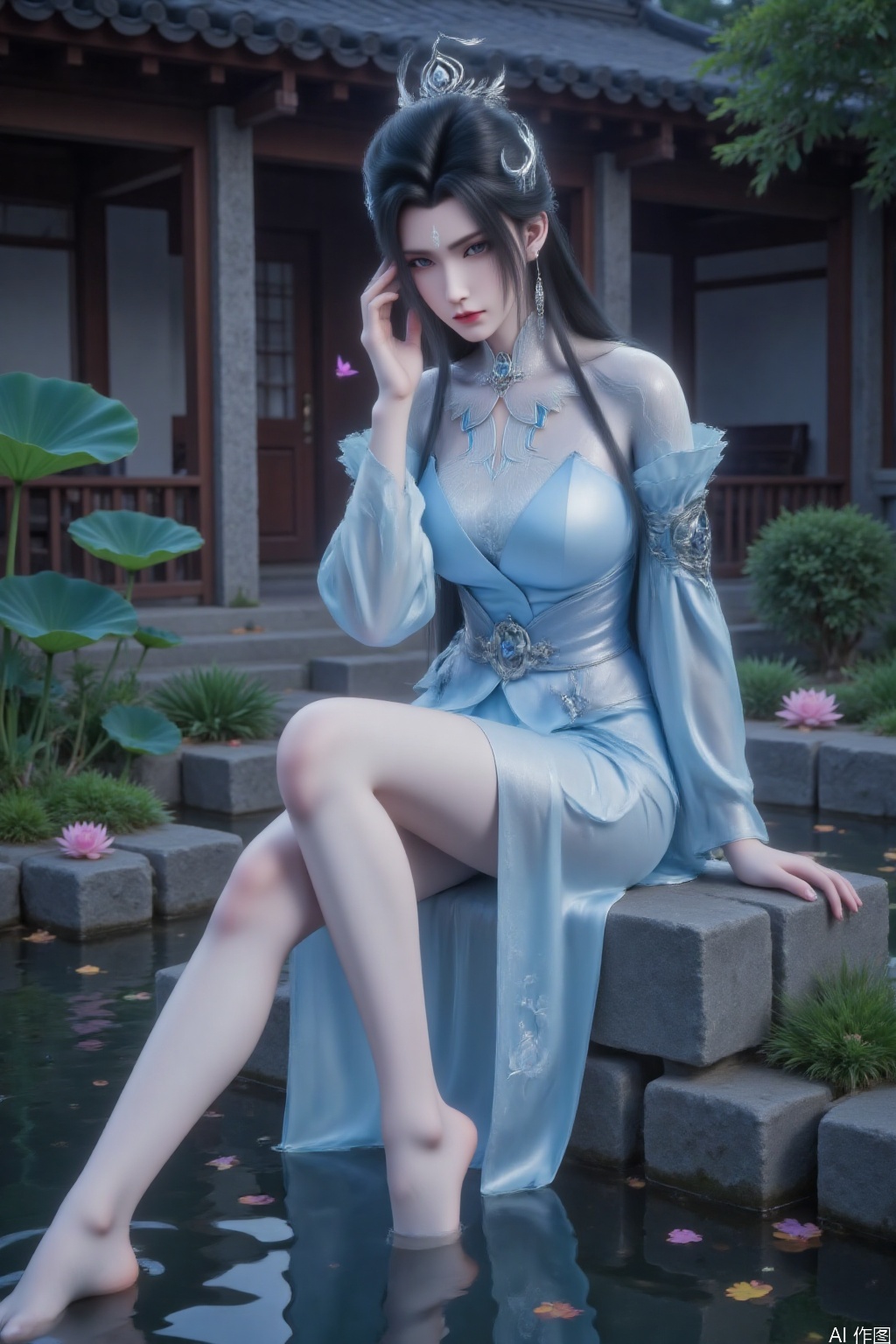 1 girl, solo, a girl sitting on a stone in the yard, washing her feet, partially submerged. Tall, looking towards the camera. Vibrant colors. Gradient perspective, gradient posture, black hair, hair accessories, and a gemstone embedded in the neck and clothing. Jewelry, earrings, light blue dress, long skirt. Silk material clothing, long sleeves, waist belt, with accessories and inlaid gems on the belt. Pale face, snow-white skin, purple eyes, a pale silver mark on the forehead, exposed legs, bare feet, slender legs, perfect body proportions, slim, with white printed embroidery on the clothes. Touch your face with your left hand, touch your head with your right hand
Chinese style courtyard, with ponds, lotus flowers, stones, fallen leaves, leaves and petals on the water surface, butterflies, and nature indoors and in the courtyard,