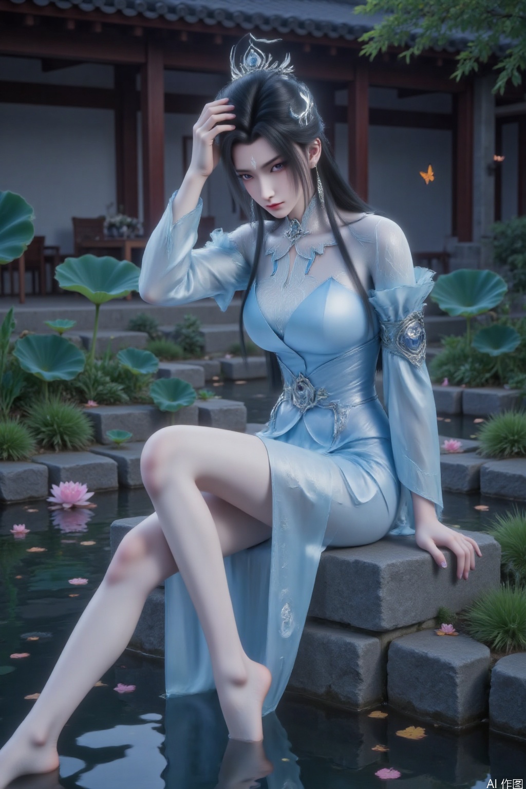 1 girl, solo, a girl sitting on a stone in the yard, washing her feet, partially submerged. Tall, looking towards the camera. Vibrant colors. Gradient perspective, gradient posture, black hair, hair accessories, and a gemstone embedded in the neck and clothing. Jewelry, earrings, light blue dress, long skirt. Silk material clothing, long sleeves, waist belt, with accessories and inlaid gems on the belt. Pale face, snow-white skin, purple eyes, a pale silver mark on the forehead, exposed legs, bare feet, slender legs, perfect body proportions, slim, with white printed embroidery on the clothes. Touch your face with your left hand, touch your head with your right hand
Chinese style courtyard, with ponds, lotus flowers, stones, fallen leaves, leaves and petals on the water surface, butterflies, and nature indoors and in the courtyard,