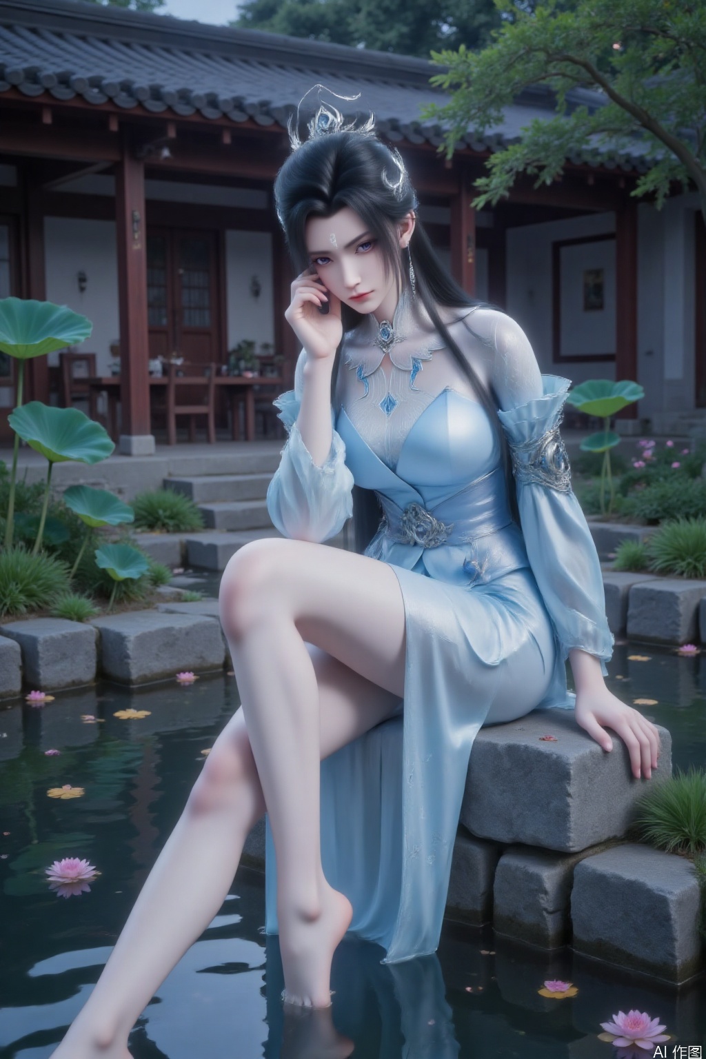 1 girl, solo, a girl sitting on a stone in the yard, washing her feet, partially submerged. Tall, looking towards the camera. Vibrant colors. Gradient perspective, gradient posture, black hair, hair accessories, and a gemstone embedded in the neck and clothing. Jewelry, earrings, light blue dress, long skirt. Silk material clothing, long sleeves, waist belt, with accessories and inlaid gems on the belt. Pale face, snow-white skin, purple eyes, a pale silver mark on the forehead, exposed legs, bare feet, slender legs, perfect body proportions, slim, with white printed embroidery on the clothes. Touch your face with your left hand, touch your head with your right hand
Chinese style courtyard, with ponds, lotus flowers, stones, fallen leaves, leaves and petals on the water surface, butterflies, and nature indoors and in the courtyard,