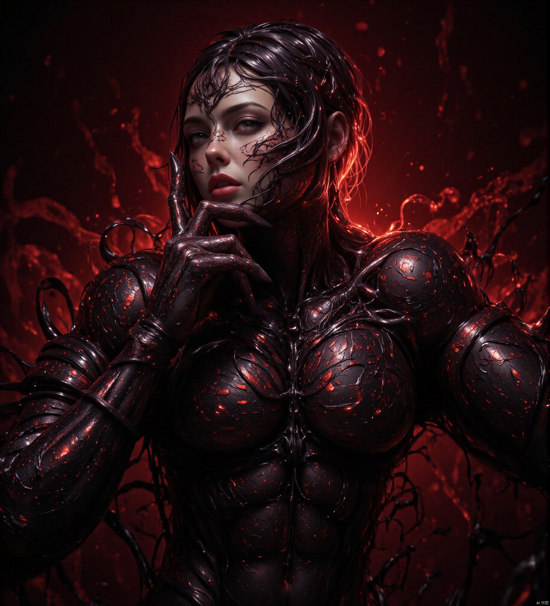 Image of the protagonist of the movie "Venom",  granular layering,  dark red and black tones by 爱丽丝王 on Tensor.Art