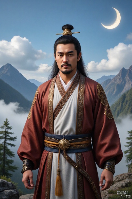 A man is standing alone outdoors. He has long hair with hair accessories and hairpins. His hair is black, he has brown eyes, he has a beard, mustache and mustache on his face. He wears jewelry and long-sleeved clothes. and wore a belt and tassels. He is looking at the viewer, with the sky, clouds, trees, and mountains behind him. There is also a crescent moon and a crescent moon hanging high in the sky. The overall picture focuses on men.,hanfu,1man