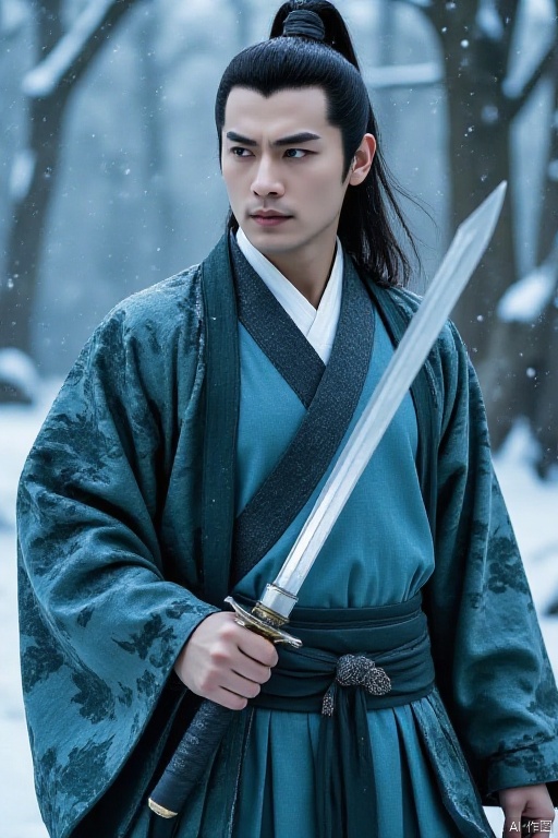 The picture shows a 33-year-old man, appearing alone. He has long black hair in a ponytail and topknot. He has a handsome face and a cold and resolute expression. He is the focus of the picture. The man is wearing classical-style clothing. The main color of the top is blue-green. The white lining at the neckline has a distinct layering. The top is decorated with dark green patterns, which looks like a landscape painting or cloud pattern. The overall clothing style is very elegant. The man is holding a katana-style sword and standing in the snow. The style of the picture is relatively realistic, showing the martial arts style, giving people a mature and well-groomed feeling.,hanfu
