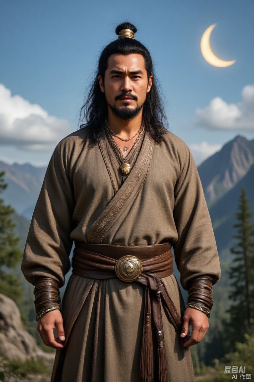 A man is standing alone outdoors. He has long hair with hair accessories and hairpins. His hair is black, he has brown eyes, he has a beard, mustache and mustache on his face. He wears jewelry and long-sleeved clothes. and wore a belt and tassels. He is looking at the viewer, with the sky, clouds, trees, and mountains behind him. There is also a crescent moon and a crescent moon hanging high in the sky. The overall picture focuses on men.