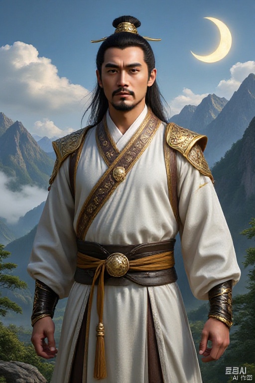 A man is standing alone outdoors. He has long hair with hair accessories and hairpins. His hair is black, he has brown eyes, he has a beard, mustache and mustache on his face. He wears jewelry and long-sleeved clothes. and wore a belt and tassels. He is looking at the viewer, with the sky, clouds, trees, and mountains behind him. There is also a crescent moon and a crescent moon hanging high in the sky. The overall picture focuses on men.,hanfu,1man