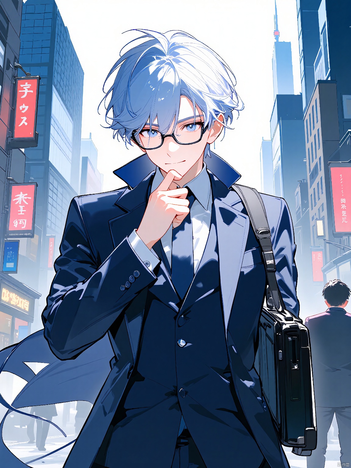 Anime head portrait, ecy, capturing the essence of an anime boy with silver hair and glasses, dressed in a smart suit and holding a briefcase. The background is a bustling city street with skyscrapers and neon signs. The lighting is modern and sleek, reflecting the urban theme. The artwork adheres to the rule of thirds, with a slightly blurred backdrop.