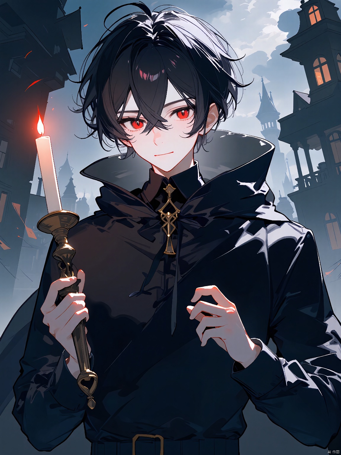 Anime head portrait, ecy, depicting a mysterious anime boy with black hair and red eyes, dressed in a dark cloak and holding a candlestick. The background is a haunted mansion with eerie shadows and cobwebs. The lighting is dramatic and moody, enhancing the suspenseful atmosphere. The design respects the rule of thirds, with a faintly blurred background.
