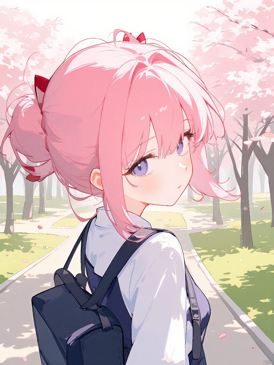 Anime head portrait, ecy, capturing the essence of an anime girl with pink hair styled in pigtails, wearing a school uniform and carrying a backpack. The background is a serene park with blooming cherry blossoms and a winding path. The lighting is soft and natural, creating a pleasant ambiance. The artwork adheres to the rule of thirds, with a slightly blurred backdrop.
