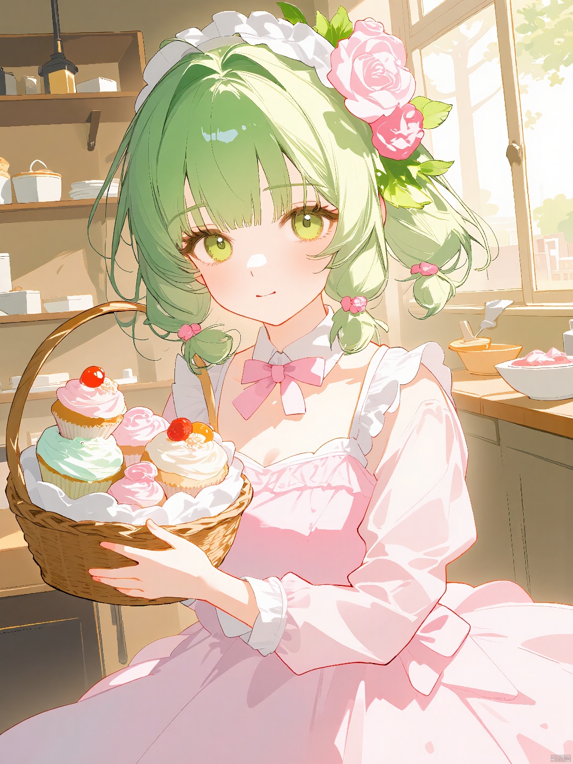 Anime head portrait, ecy, illustrating a sweet anime girl with green hair adorned with flowers, wearing a pastel-colored dress and holding a basket of cupcakes. The background is a charming bakery interior with wooden shelves and pastries. The lighting is warm and inviting, adding to the cozy atmosphere. The design conforms to the rule of thirds, with a gently blurred background.
