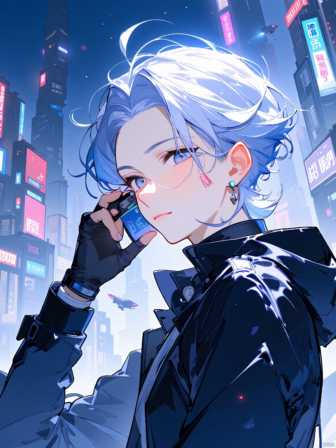 Anime head portrait, ecy, featuring a cool anime boy with silver hair and cybernetic enhancements, wearing a sleek leather jacket and holding a futuristic device. The backdrop is a neon-lit cityscape with flying cars and towering skyscrapers. The lighting is bold and striking, reflecting the high-tech theme. The image composition respects the rule of thirds, with a slightly softened background.