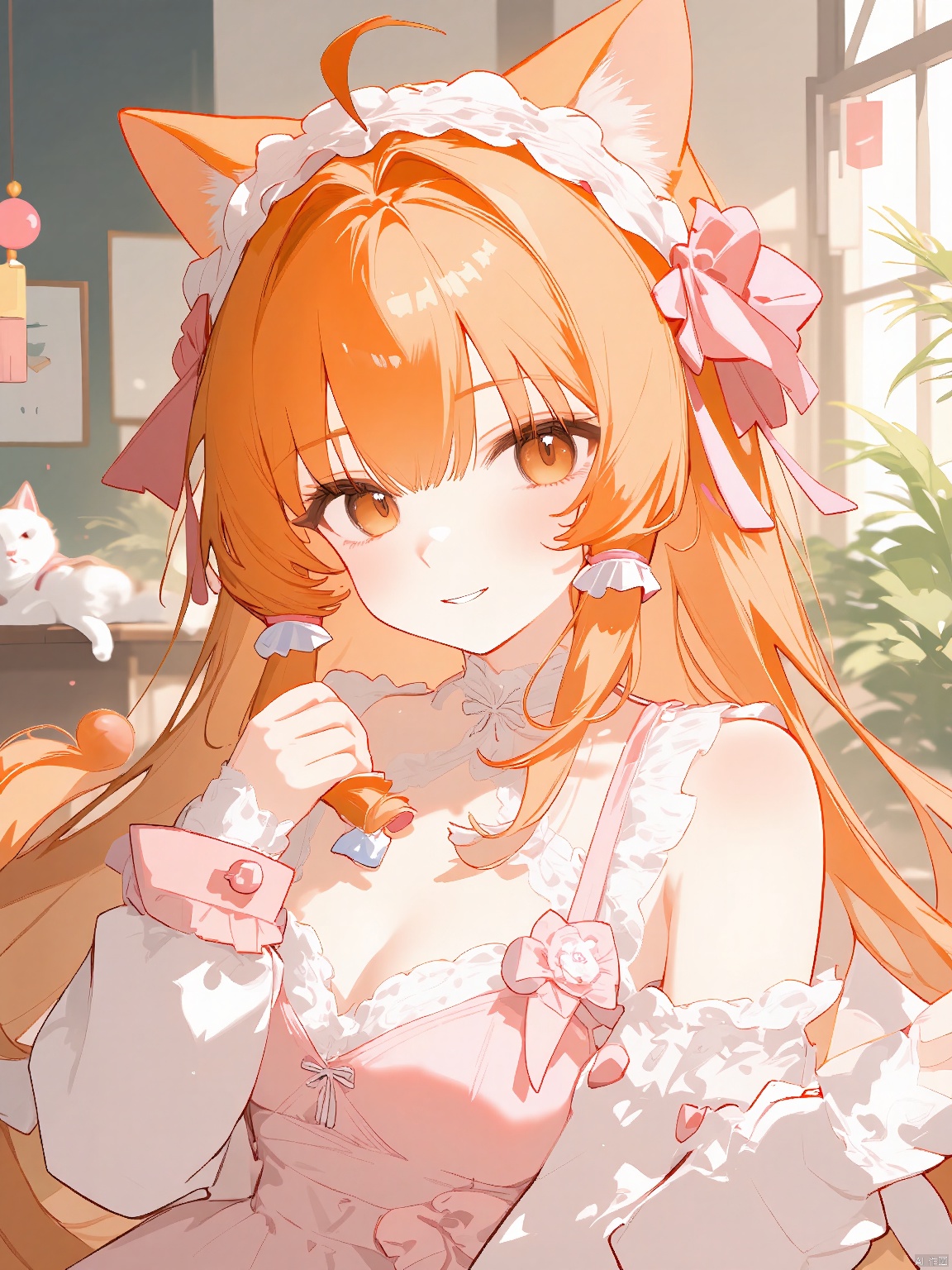 Anime head portrait, ecy, illustrating a playful anime cat-girl with orange hair and cat ears, wearing a lace dress and holding a fishbone. The background is a cozy cat café with cats lounging around and pastel decorations. The lighting is warm and inviting, perfect for a relaxed atmosphere. The design respects the rule of thirds, with a faintly blurred background.