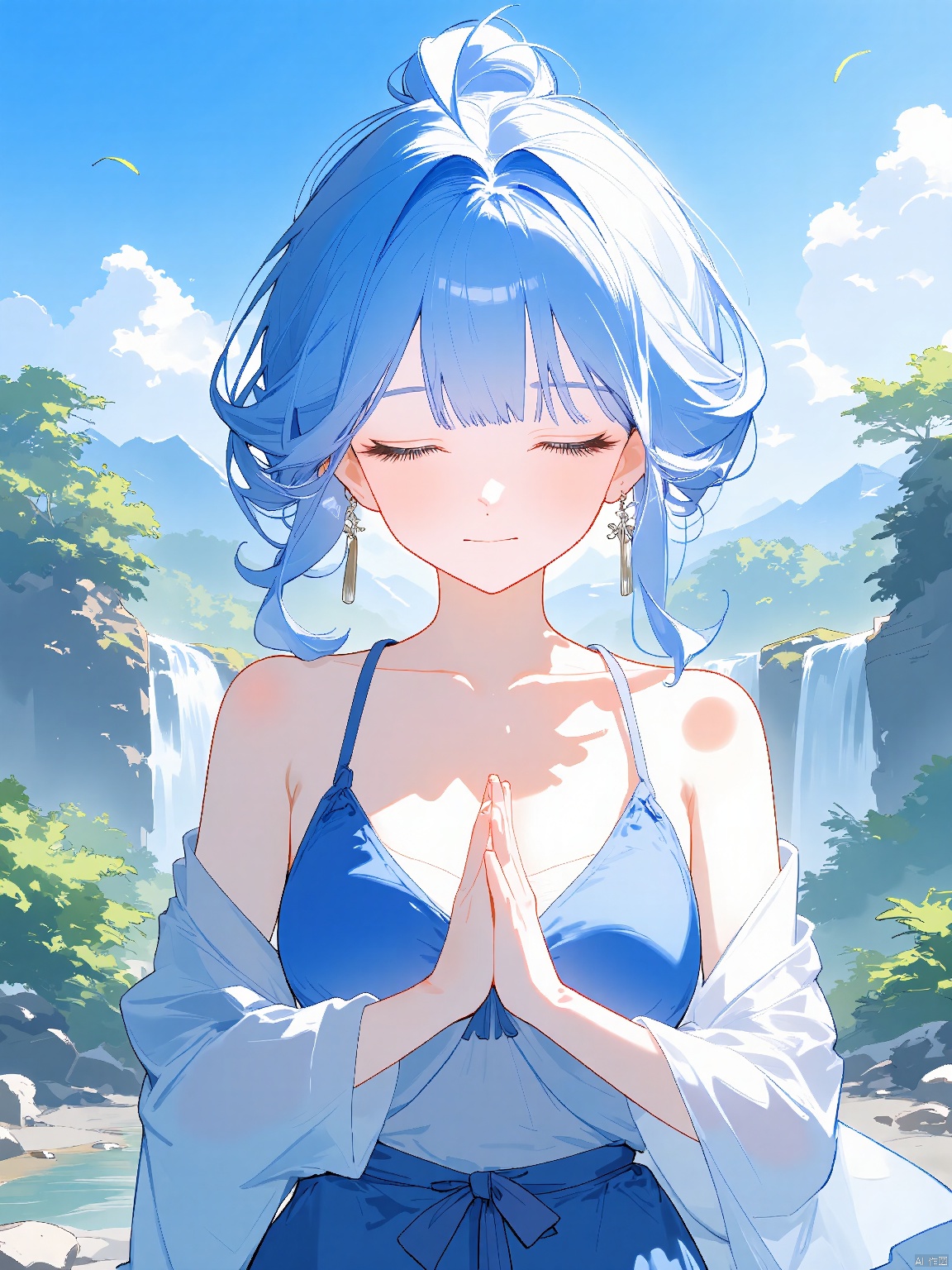 Anime head portrait, ecy, featuring a serene anime girl with blue hair and closed eyes, dressed in a yoga outfit and holding a meditation mat. The background is a peaceful mountain retreat with waterfalls and lush greenery. The lighting is soft and natural, creating a calming ambiance. The artwork respects the rule of thirds, with a faintly blurred background.