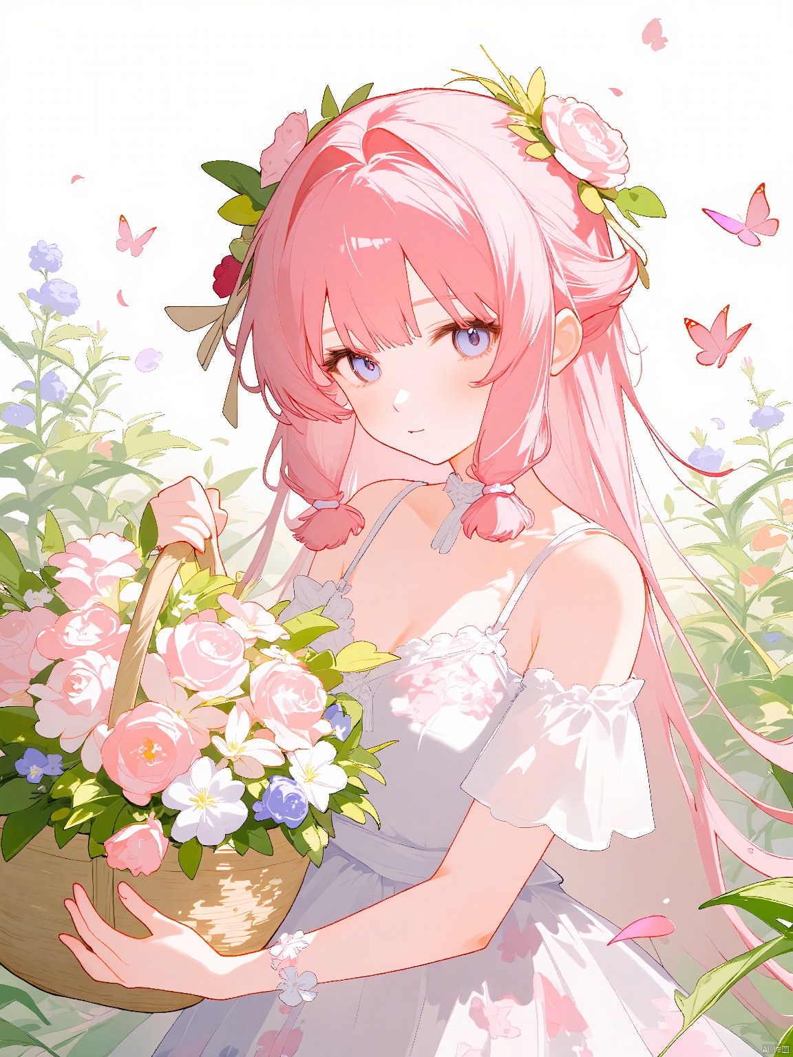 Anime head portrait, ecy, depicting a charming anime girl with pink hair and a flower crown, wearing a floral dress and holding a basket of flowers. The background is a lush meadow with wildflowers and butterflies. The lighting is soft and romantic, adding to the fairy-tale ambiance. The design conforms to the rule of thirds, with a gently blurred background.