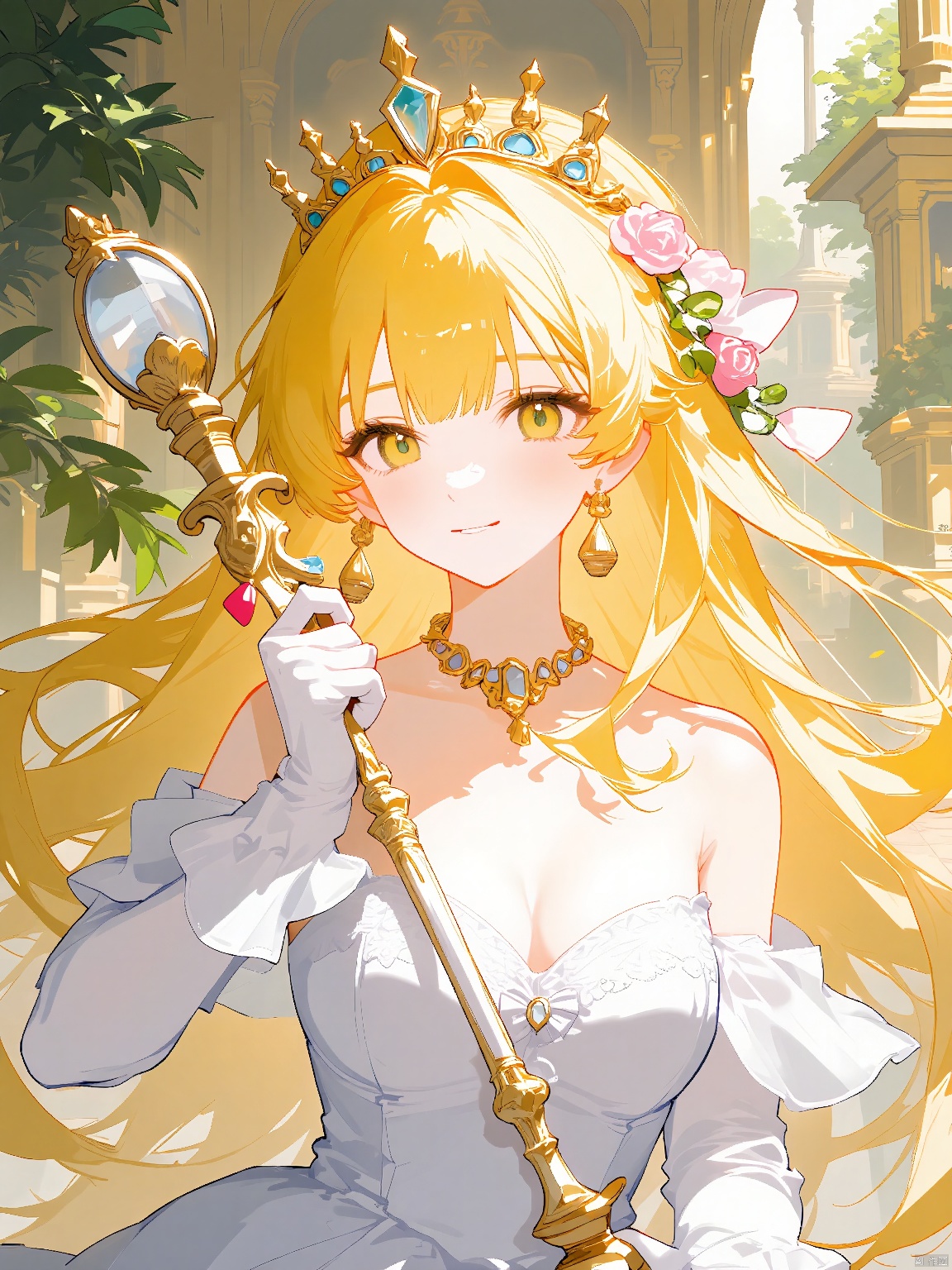 Anime head portrait, ecy, featuring a regal anime princess with golden hair adorned with jewels, dressed in an elegant gown and holding a scepter. The background is a grand palace with ornate architecture and gardens. The lighting is luxurious and grand, reflecting the royal theme. The artwork conforms to the rule of thirds, with a gently blurred background.
