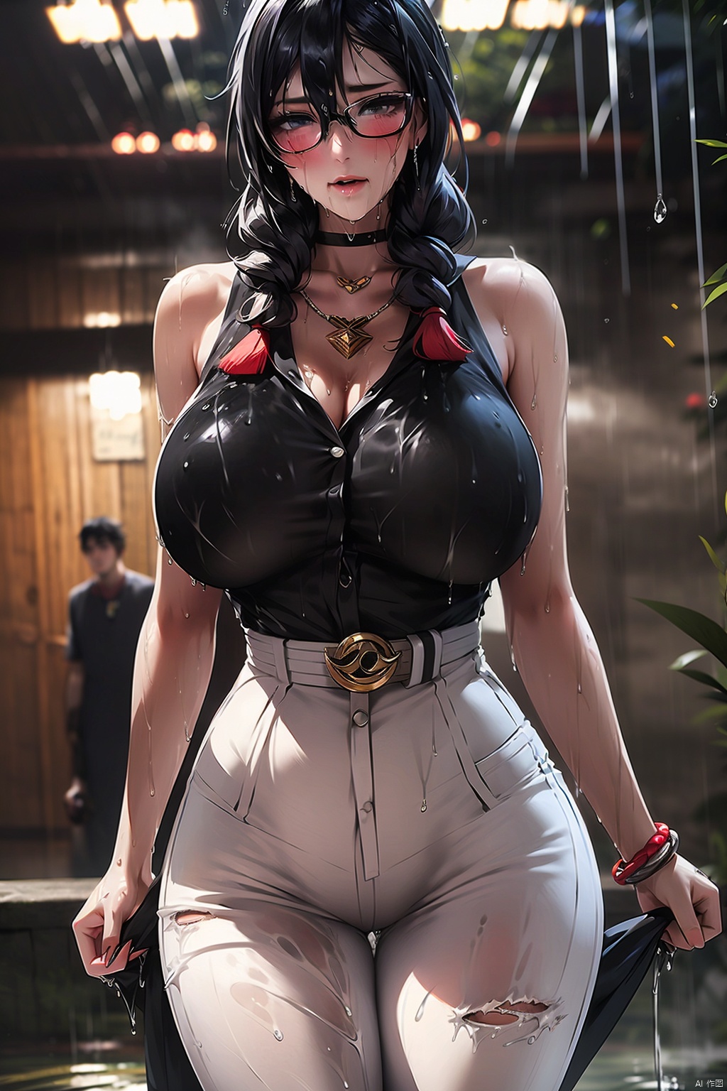 1girl
solo
long hair
breasts
looking at viewer
shirt
black hair
bare shoulders
jewelry
medium breasts
closed mouth
standing
cowboy shot
glasses
sleeveless
pants
indoors
necklace
bracelet
lips
black shirt
sleeveless shirt
red-framed eyewear
realistic
white pants
door
high-waist pants
（（(Pee wet:1.8)））
（（（juice：1.6）））