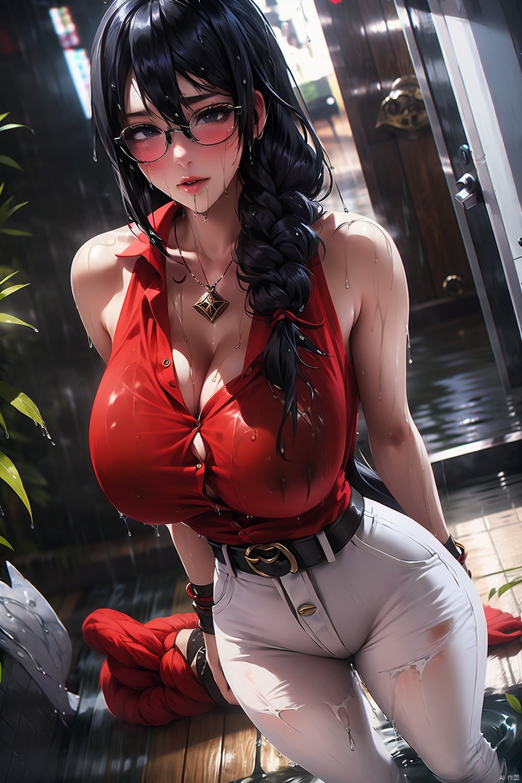 1girl
solo
long hair
breasts
looking at viewer
shirt
black hair
bare shoulders
jewelry
medium breasts
closed mouth
standing
cowboy shot
glasses
sleeveless
pants
indoors
necklace
bracelet
lips
black shirt
sleeveless shirt
red-framed eyewear
realistic
white pants
door
high-waist pants
（（(Pee wet:1.8)））
（（（juice：1.4）））