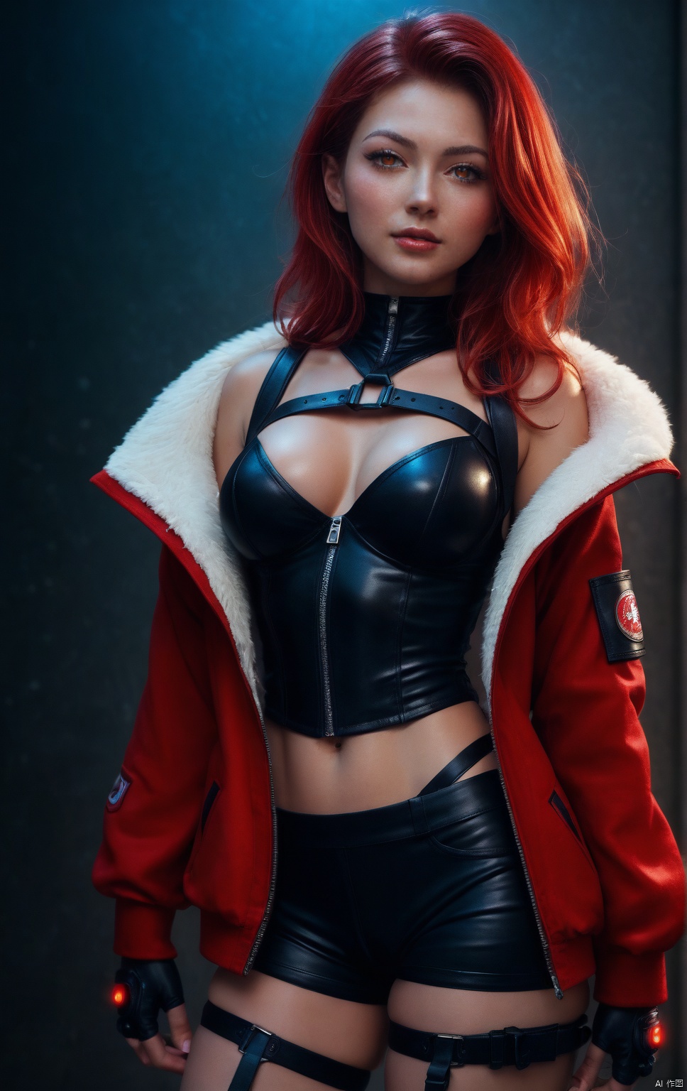 score_9, score_8_up, score_7_up, source_real, real_skin, style_3, Japanese girl,
breasts, techwear, science fiction, skin tight, shorts, straps, thighhighs, fingerless gloves, baggy jacket, red hair, split-color hair, female, blissful expression, masterpiece,best quality,newest, color art, intricate details, high contrast, detailed background, beautiful detailed, beautiful face, blight face, large pupil, eyelashes, brilliant skin, vibrant colors, cinematic lighting, accessories,