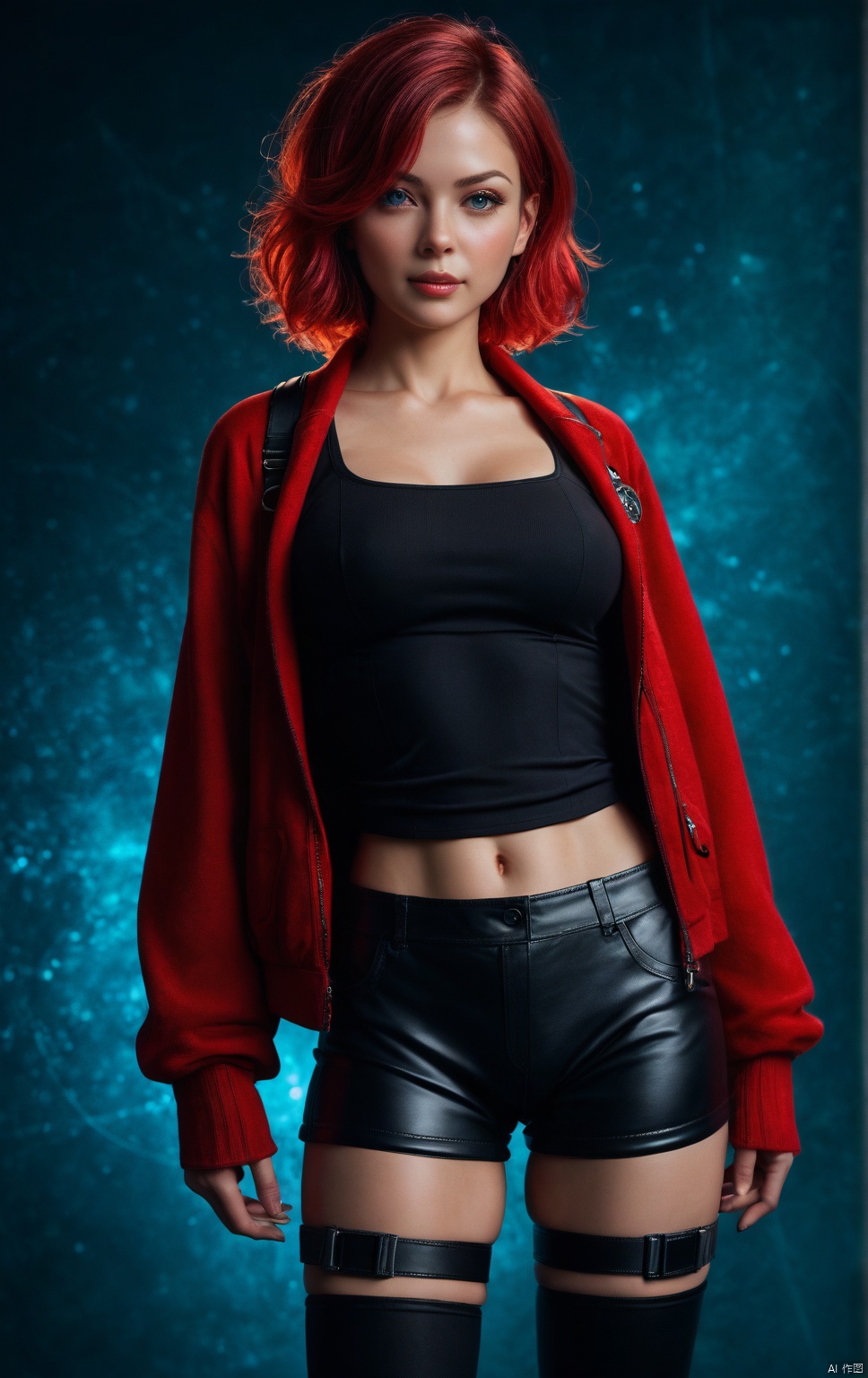score_9, score_8_up, score_7_up, source_real, real_skin, style_3, Japanese girl,
breasts, techwear, science fiction, skin tight, shorts, straps, thighhighs, fingerless gloves, baggy jacket, red hair, split-color hair, female, blissful expression, masterpiece,best quality,newest, color art, intricate details, high contrast, detailed background, beautiful detailed, beautiful face, blight face, large pupil, eyelashes, brilliant skin, vibrant colors, cinematic lighting, accessories,