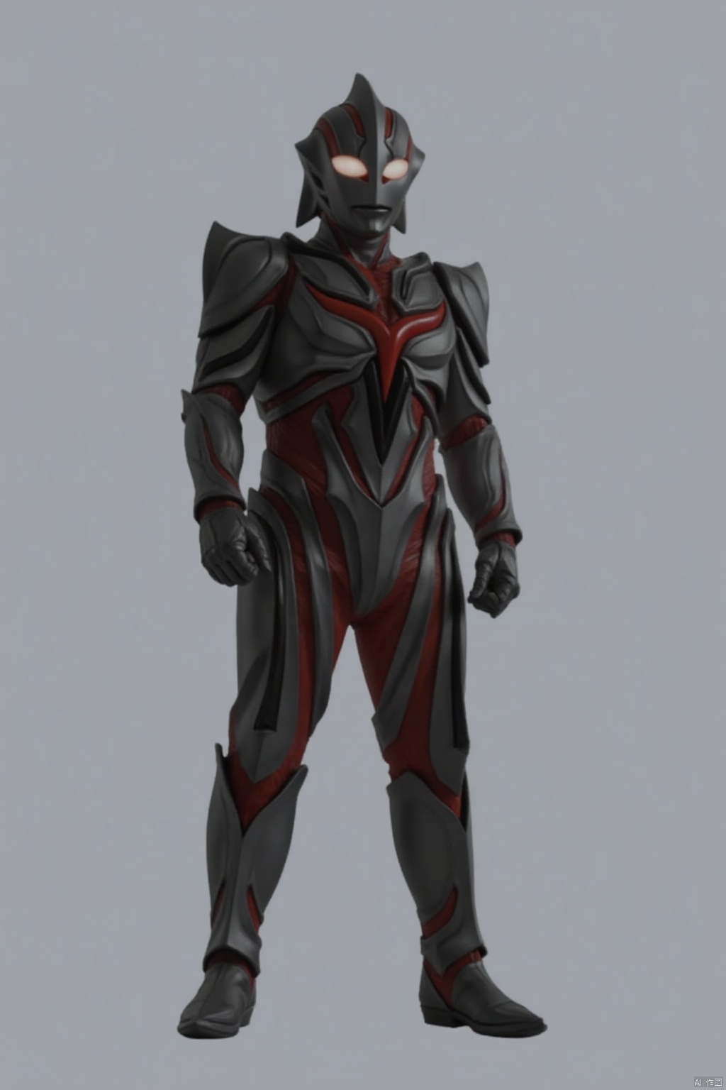 (grey background:1.2),(SOLO:1.4),outline,simple background,(((,standing,looking at viewer,arms at side))),dark_zagi,ultraman,alien,black bodysuit,black gloves,legwear,gloves,boots,cover,mask,plugsuit,armor,bodysuit,black tight-fitting,black footwear,helmet,leather suit,latex,tokusatsu,no humans,science fiction,hard mask,no smile,no eyes,no nose,solo,black rubber bodysuit with red line,black head,red eyes,red pattern on body