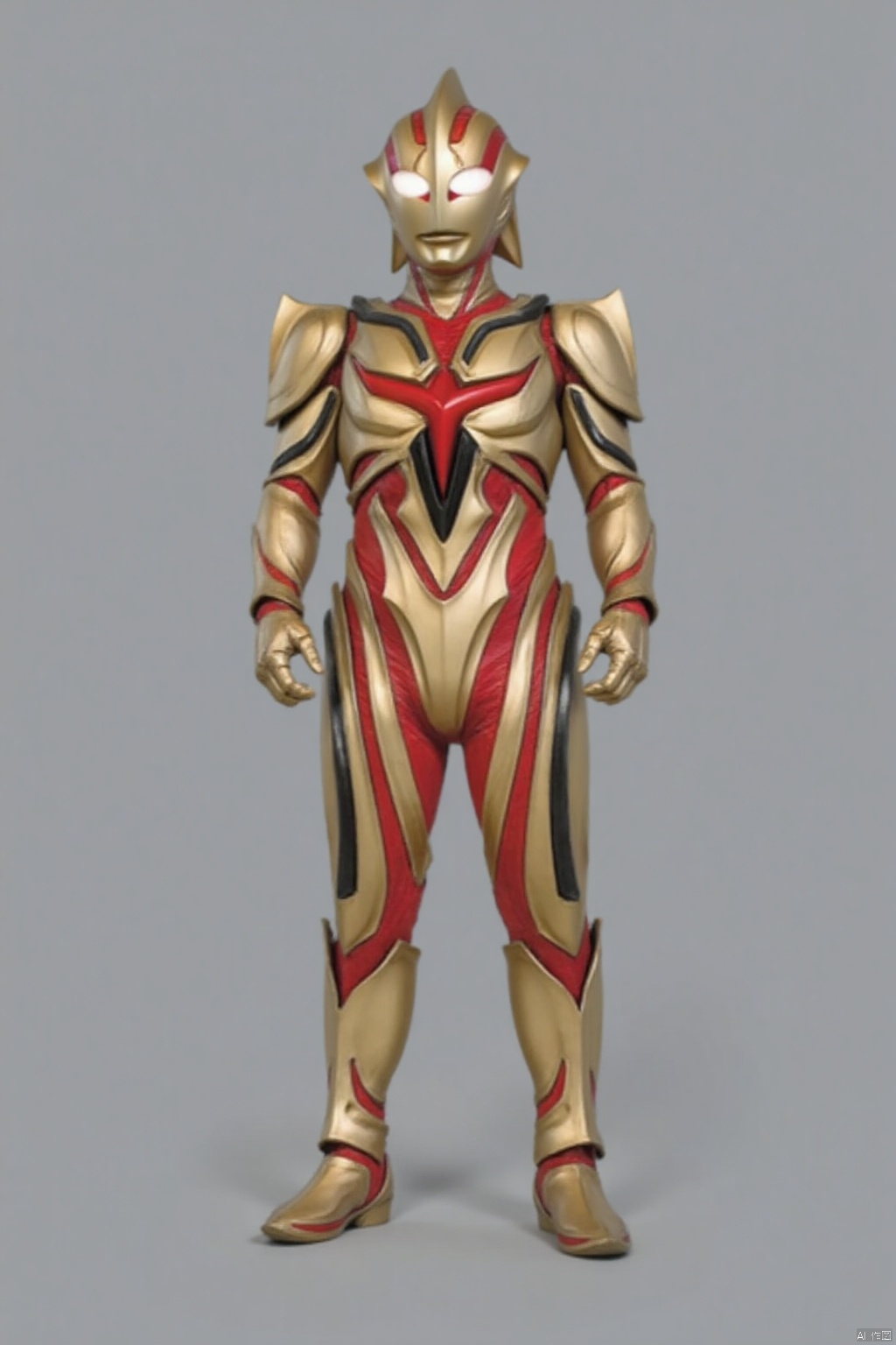(grey background:1.2),(SOLO:1.4),outline,simple background,(((,standing,looking at viewer,arms at side))),,ultraman,golden bodysuit,golden gloves,legwear,gloves,boots,cover,mask,plugsuit,armor,bodysuit,black pattern on body,red pattern on body,golden tight-fitting,golden footwear,helmet,leather suit,latex,tokusatsu,no humans,science fiction,golden head,hard mask,no smile,no eyes,no nose,solo,golden rubber bodysuit with grey line and black line rubber bodysuit with red line,ed pattern on body