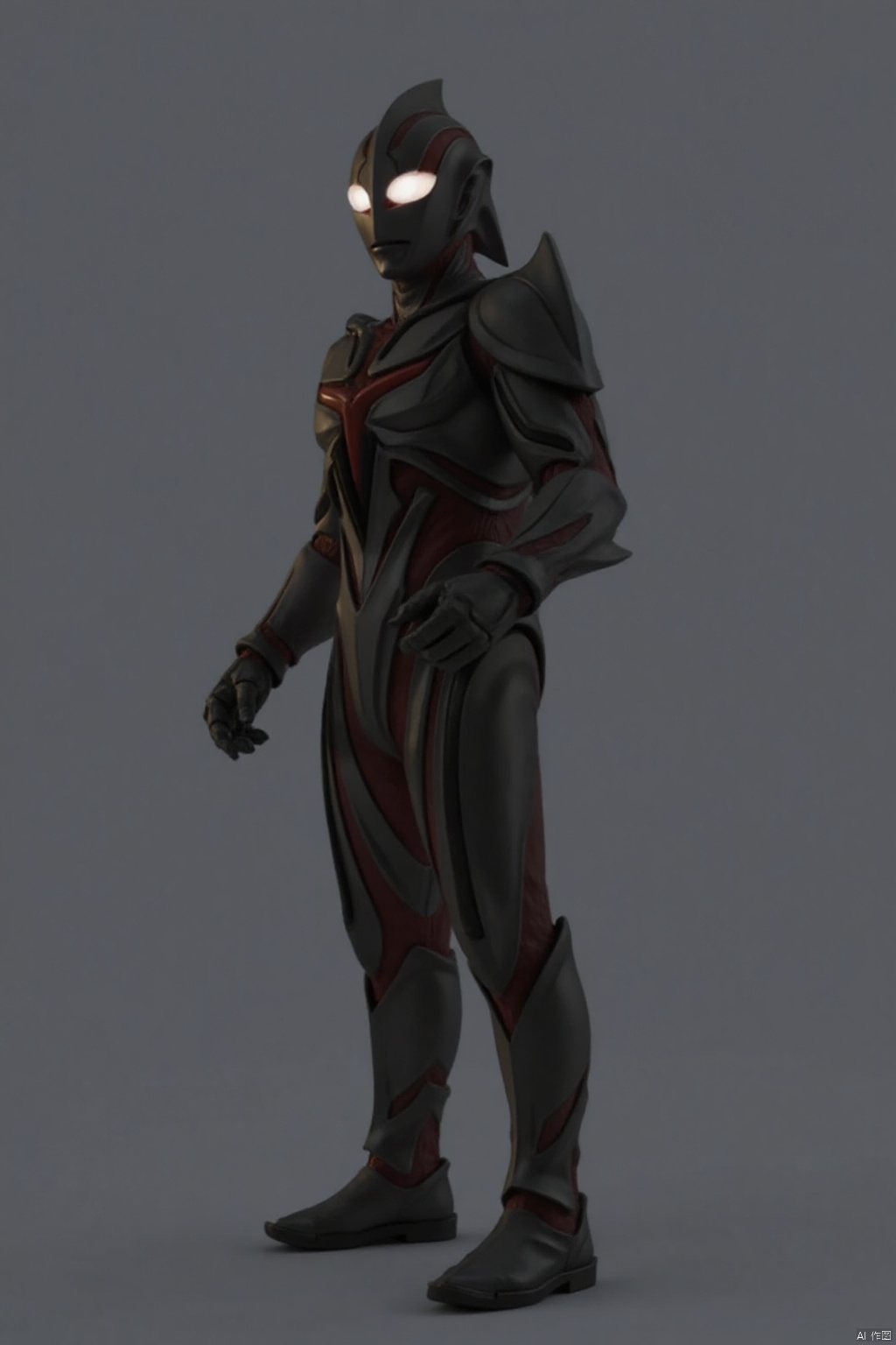 (grey background:1.2),(SOLO:1.4),outline,simple background,(((,standing,looking at viewer,arms at side))),dark_zagi,ultraman,alien,black bodysuit,black gloves,legwear,gloves,boots,cover,mask,plugsuit,armor,bodysuit,black tight-fitting,black footwear,helmet,leather suit,latex,tokusatsu,no humans,science fiction,hard mask,no smile,no eyes,no nose,solo,black rubber bodysuit with red line,black head,red eyes,red pattern on body