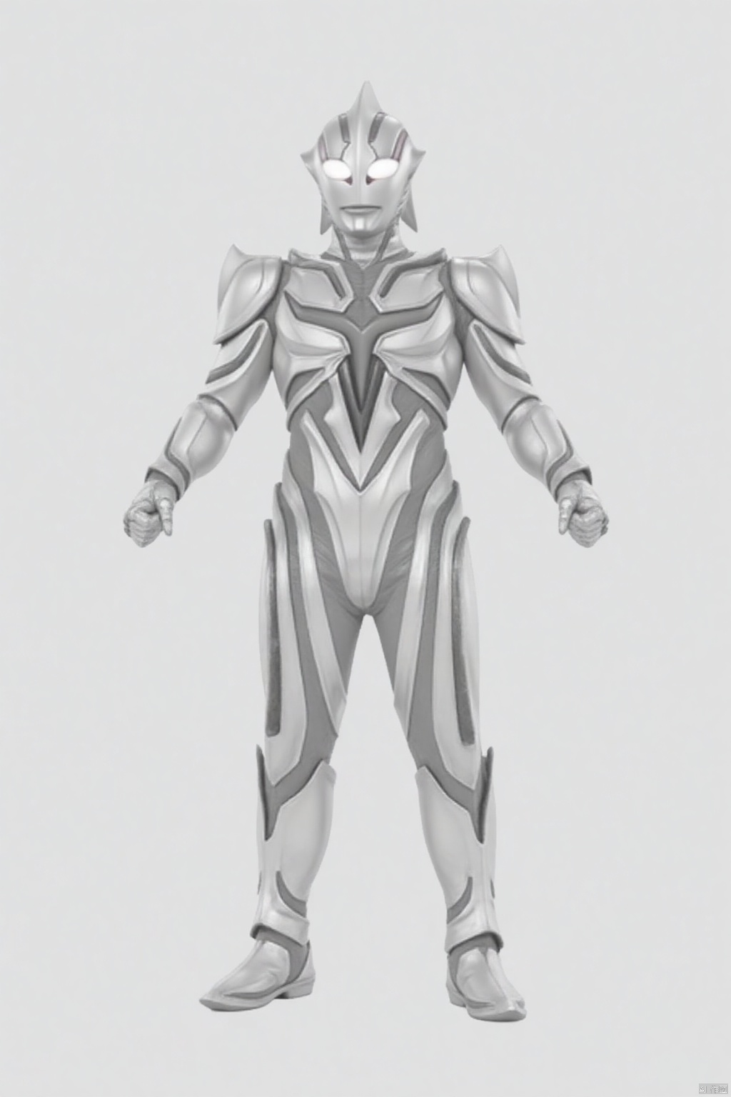 (grey background:1.2),(SOLO:1.4),outline,simple background,(((,standing,looking at viewer,arms at side))),ultraman,bodysuit,gloves,legwear,boots,cover,mask,plugsuit,armor,bodysuit,pattern on body,tight-fitting,helmet,leather suit,latex,tokusatsu,no humans,science fiction,hard mask,no smile,no eyes,no nose,solo,rubber bodysuit with line,alien