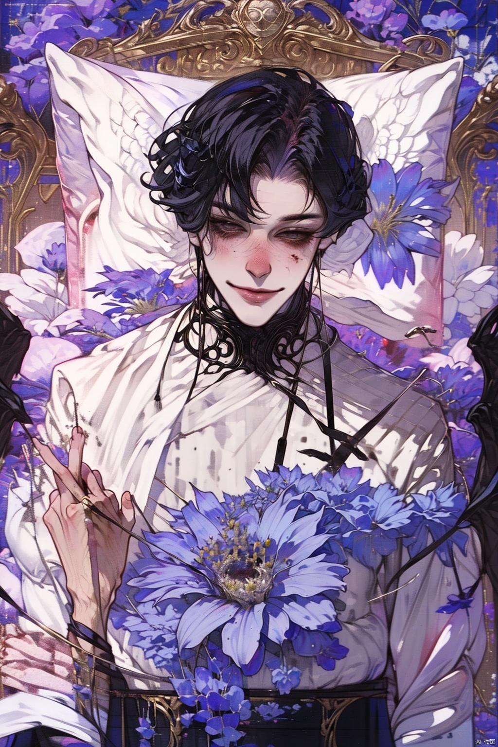 1boy, masterpiece,best quality,high quality,, smile, ribbon, lying,  on_back, flower, pillow,looking_at_viewer, blush,  bed_sheet, food, purple_flower, 