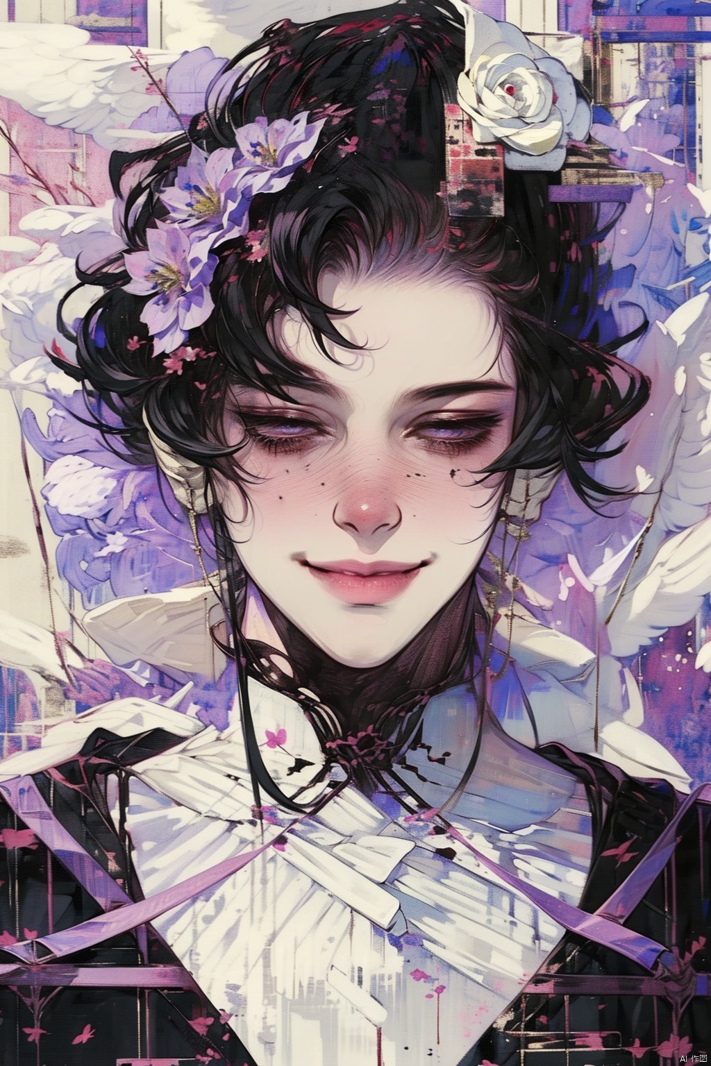 1boy, masterpiece,best quality,high quality,, smile, ribbon,  on_back, flower, pillow,looking_at_viewer, blush,  bed_sheet, food, purple_flower, 
