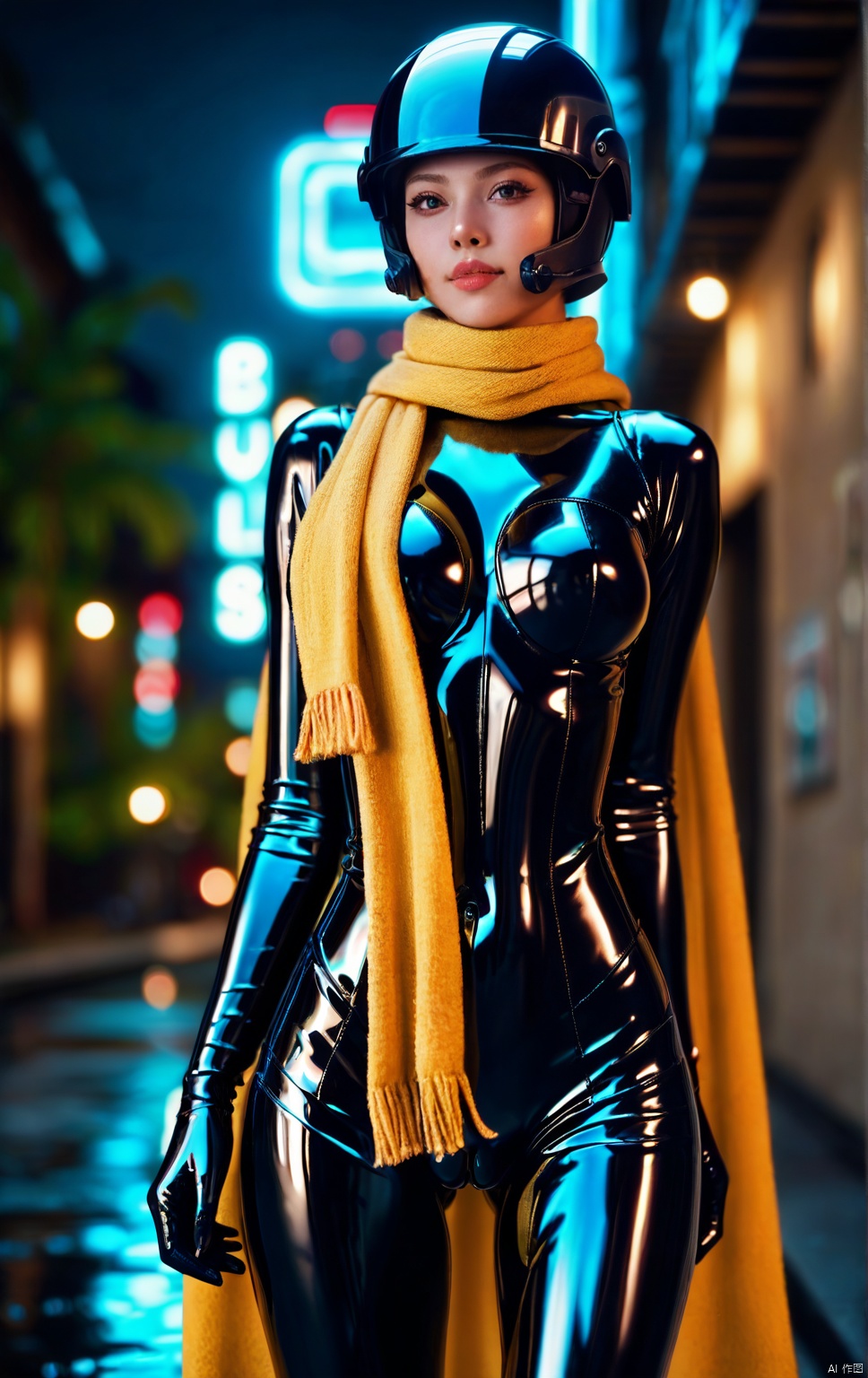 concept art, girl in black thin latex, black helmet, black glass on helmet, yellow long scarf, sexy, dynamic, reflections, reflective bodysuit, skintight bodysuit, detailed background, neon lights, camel toe, solo, black glass, CRYPTO, busty, side lighting, realistic, hyperdetailed,score_9_up score_8_up score_7_up