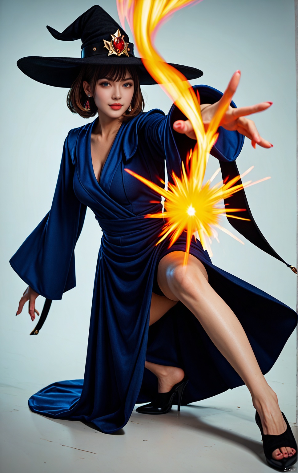 john kafka,close-up,foot focus, 1girl,huge_breasts,looking_at_viewer,tiptoes,fighting_stance,bents knees, witch_hat,expressive_clothes,slutty clothes,wide_sleeves,reaching arm,barefoot, plasma splatter,Energy Blast,slashing,,masterpiece, best quality, absurdres, newest, very aesthetic, amazing quality,highres,sensitive,score_9score_8_up score_7_up Sakimi chan,(BTHONG HEELS),score_9_up score_8_up score_7_up,score_7_up.