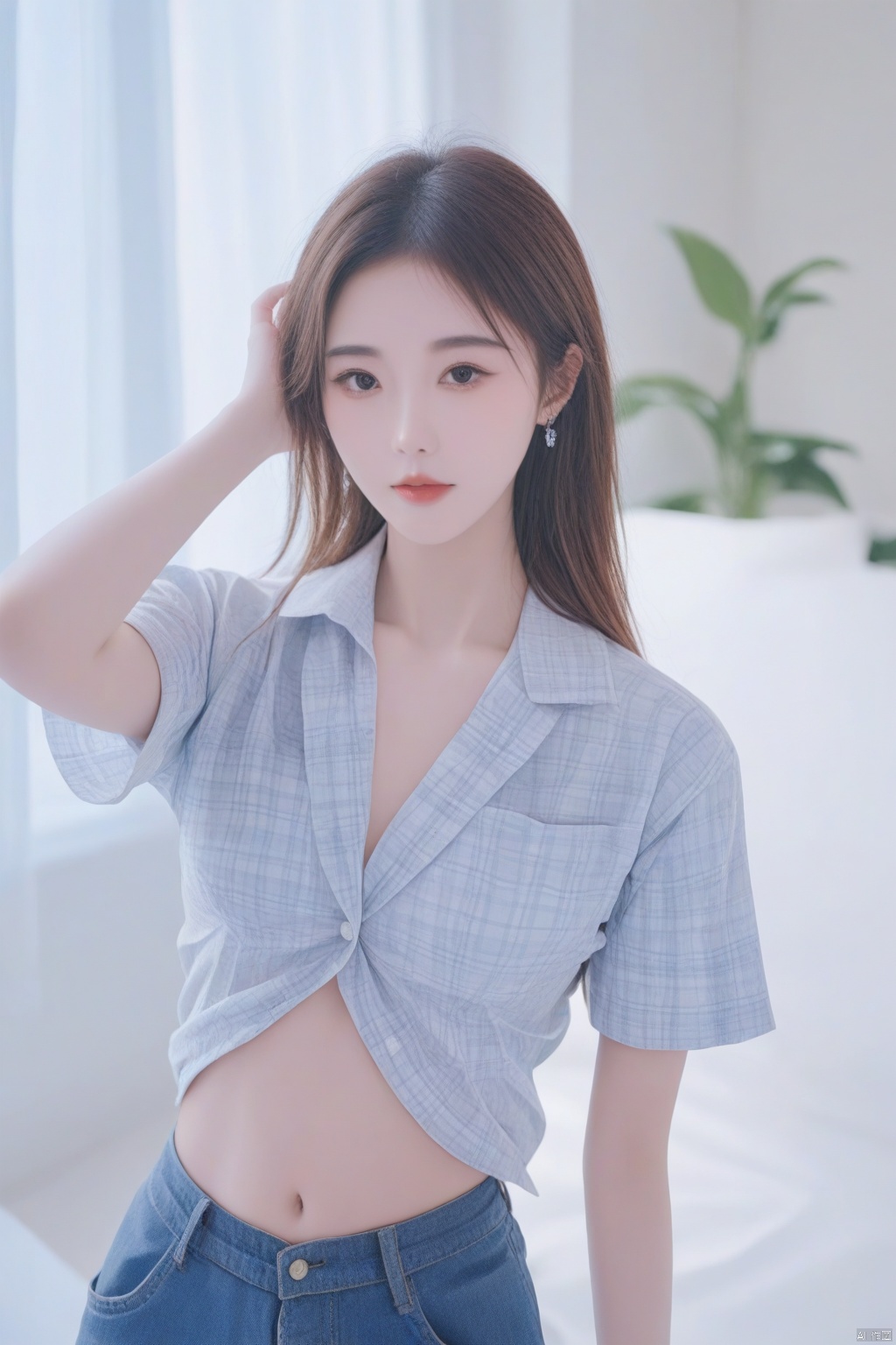 1girl,Checkered shirt, shorts,half body,The unbuttoned button