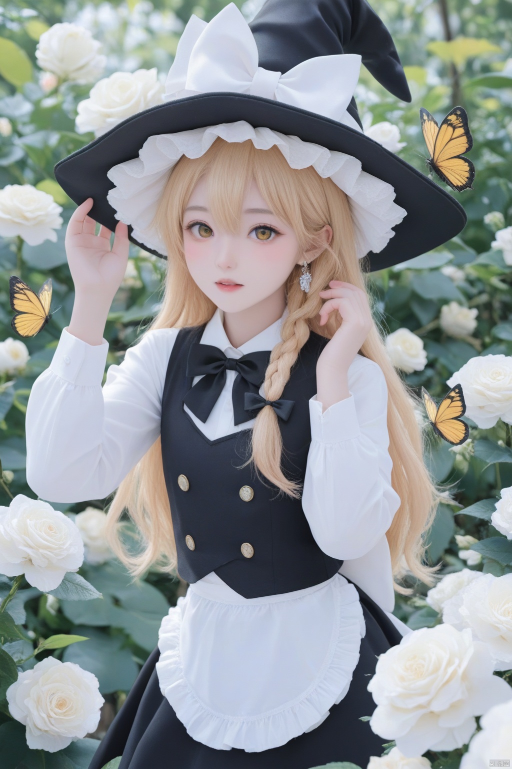 masterpiece,Realism,best quality,loli,1girl,hat,kirisame marisa,blonde hair,solo,yellow eyes,bug,witch hat,butterfly,long hair,braid,bow,flower,apron,black headwear,single braid,long sleeves,earrings,hair ornament,jewelry,white bow,hair flower,shirt,white shirt,closed mouth,hair between eyes,black bow,waist apron,white apron,hat bow,black skirt,white flower,blush,bowtie,skirt,black bowtie,looking at viewer,hair bow,rose,black vest,vest,frills,signature,buttons,hand on headwear,upper body,frilled apron,white rose,arms up,cowboy shot,yellow butterfly,arm up,hands up,artist name,side braid,ribbon,