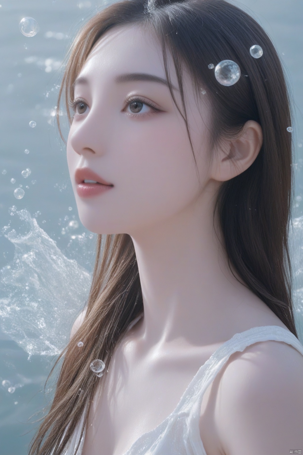 (ultra realistic,best quality),photorealistic,Extremely Realistic,in depth,hubg_jsnh,cinematic light,hubggirl,She is stylish and glamorous with her long hair and delicate features,surrounded by surreal floating water bubbles,splash detailed,surreal dramatic lighting shadow (lofi, analog),kodak film by Brandon Woelfel Ryan McGinley,moment eyes,beautiful face,sexy girl,mid body,intricate background,realism,realistic,raw,analog,portrait,photorealistic,