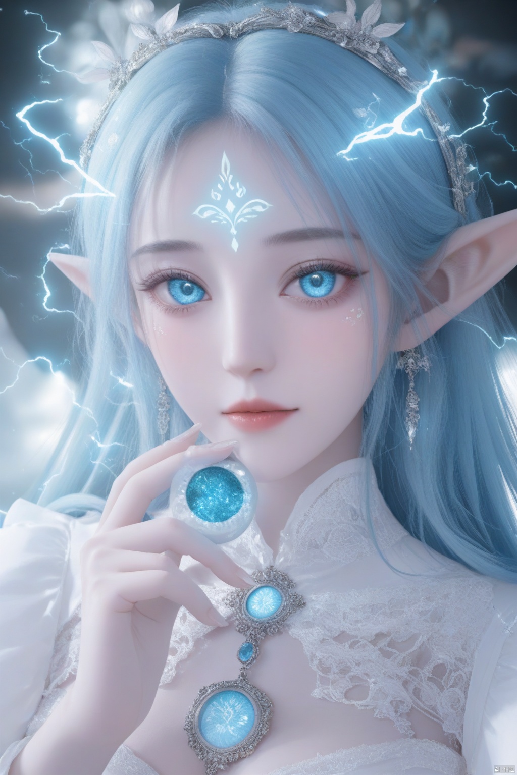 Create a highly detailed close-up image of a fantasy elf’s face, blending elements of cinematic art and modern digital design. Her pale skin glows with a soft, ethereal light, intricately adorned with golden, cracked patterns that evoke the delicate art of kintsugi, tracing along her features with a mystical glow. These patterns intertwine with neon tattoos, forming geometric shapes that pulse with a magical energy. Her large, mesmerizing eyes shift between shades of deep teal and oceanic blue, as if holding the mysteries of the sea within them, drawing the viewer into her intense, calm gaze. ..,(her hand crackling with huge electricity power as she gazes directly at the camera))
