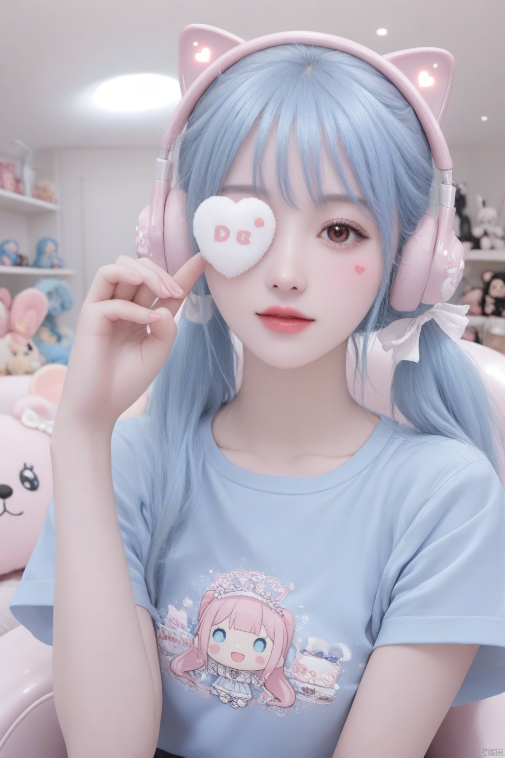 A photograph of beautiful hubggirl,(super realistic, best quality:1.25),depth,cinematic light BREAK kawaii girl with soft aesthetic,ice blue long twin tails hair with straight bangs covering one eye,striking almond-shaped eyes with pink contacts and dramatic lashes,soft pale skin with rosy cheeks,wearing oversized light blue anime graphic t-shirt with manga character print in black and white,white and pink nekomimi headphones with fluffy cat ears,delicate heart-shaped face,soft ambient room lighting,pastel blue and pink color scheme,white gaming chair in background,cute plush toys on shelf,ethereal sparkle effects around face,professional beauty lighting setup,shot with Sony A7S III camera,85mm portrait lens,shallow depth of field,high-key lighting style,ultra-detailed hair texture,glossy lips with subtle pink tint,cute kawaii hand gestures,highly detailed anime merchandise visible in shot,Japanese idol photo style,emphasis on large expressive eyes and innocent expression,8k resolution,perfect cosplay makeup application,soft dreamy atmosphere,cute girl,photorealistic,
