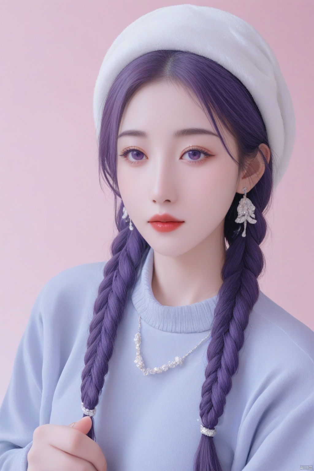 photorealistic,full body portrait of hubggirl,perfect hands,(ultra realistic,best quality),Extremely Realistic,vibrant colors,chinese girl,hat,jewelry,shut up,purple eyes,upper body,purple hair,braids,earrings,double braids,sweater,lips,gradient,gradient background,eyelashes,makeup,pink background,portrait,shoulder hair,real,red lips,