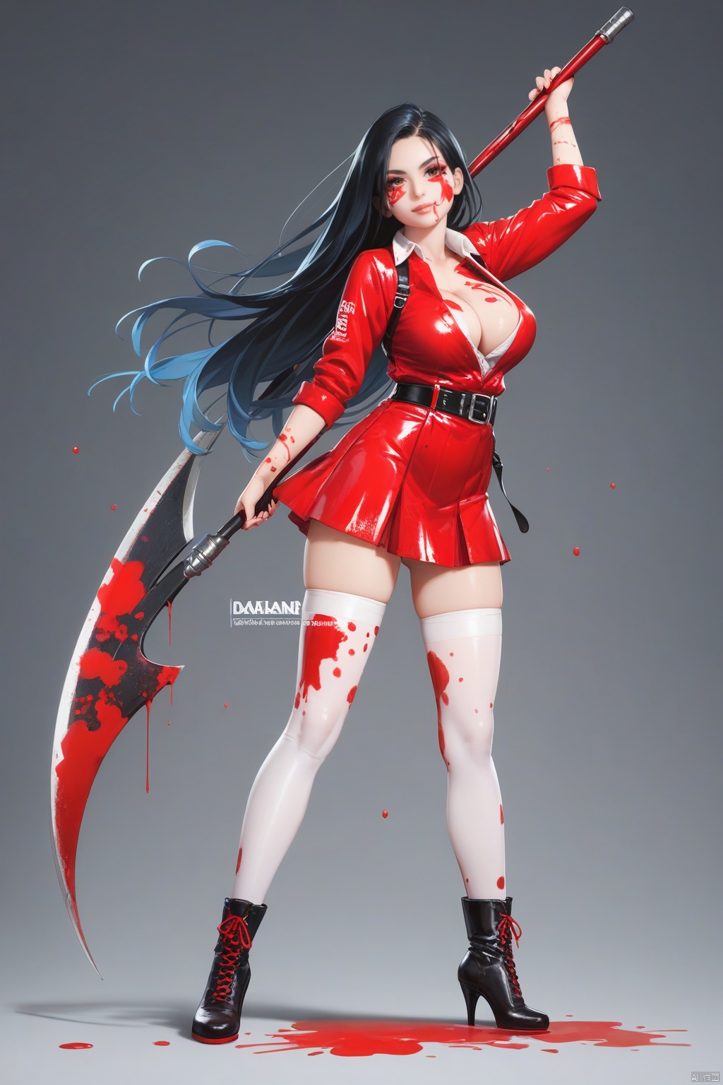 1girl, black_background, boots, breasts, cleavage, copyright_name, full_body, gradient, gradient_background, high_heels, holding, large_breasts, long_hair, looking_at_viewer, red_eyes, scythe, solo, standing, thighhighs, very_long_hair, watermark, paint stains,paint splatter on face,paint splatter,score_9_up score_8_up score_7_up,score_6_up