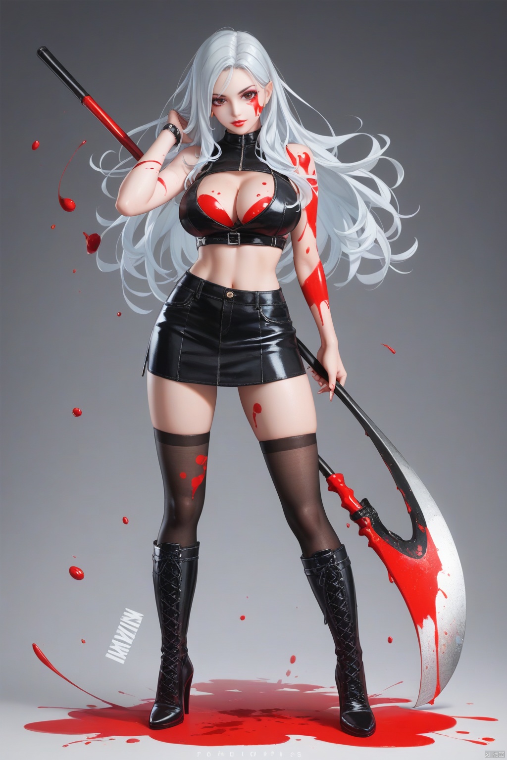 1girl, black_background, boots, breasts, cleavage, copyright_name, full_body, gradient, gradient_background, high_heels, holding, large_breasts, long_hair, looking_at_viewer, red_eyes, scythe, solo, standing, thighhighs, very_long_hair, watermark, paint stains,paint splatter on face,paint splatter,score_9_up score_8_up score_7_up,score_6_up