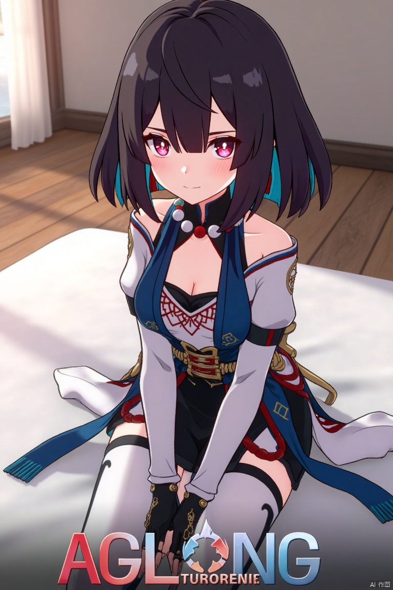 1girl, solo, xueyi, breasts, looking at viewer, blush, short hair, bangs, black hair, red eyes, thighhighs, gloves, dress, bare shoulders, sitting, closed mouth, blue hair, pantyhose, multicolored hair, black gloves, indoors, fingerless gloves, two-tone hair, white thighhighs, bed, feet out of frame, bed sheet, on bed, tassel, knees together feet apart, colored inner hair. Mid-shot framing with soft lighting, composition centered on the girl, artistic pose on a bed with a sheet. Movie poster style, three-dimensional text AGlong with poster theme in the middle below, cinematic and vibrant atmosphere.