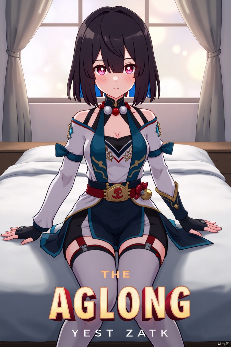1girl, solo, xueyi, breasts, looking at viewer, blush, short hair, bangs, black hair, red eyes, thighhighs, gloves, dress, bare shoulders, sitting, closed mouth, blue hair, pantyhose, multicolored hair, black gloves, indoors, fingerless gloves, two-tone hair, white thighhighs, bed, feet out of frame, bed sheet, on bed, tassel, knees together feet apart, colored inner hair. Mid-shot framing with soft lighting, composition centered on the girl, artistic pose on a bed with a sheet. Movie poster style, three-dimensional text AGlong with poster theme in the middle below, cinematic and vibrant atmosphere.