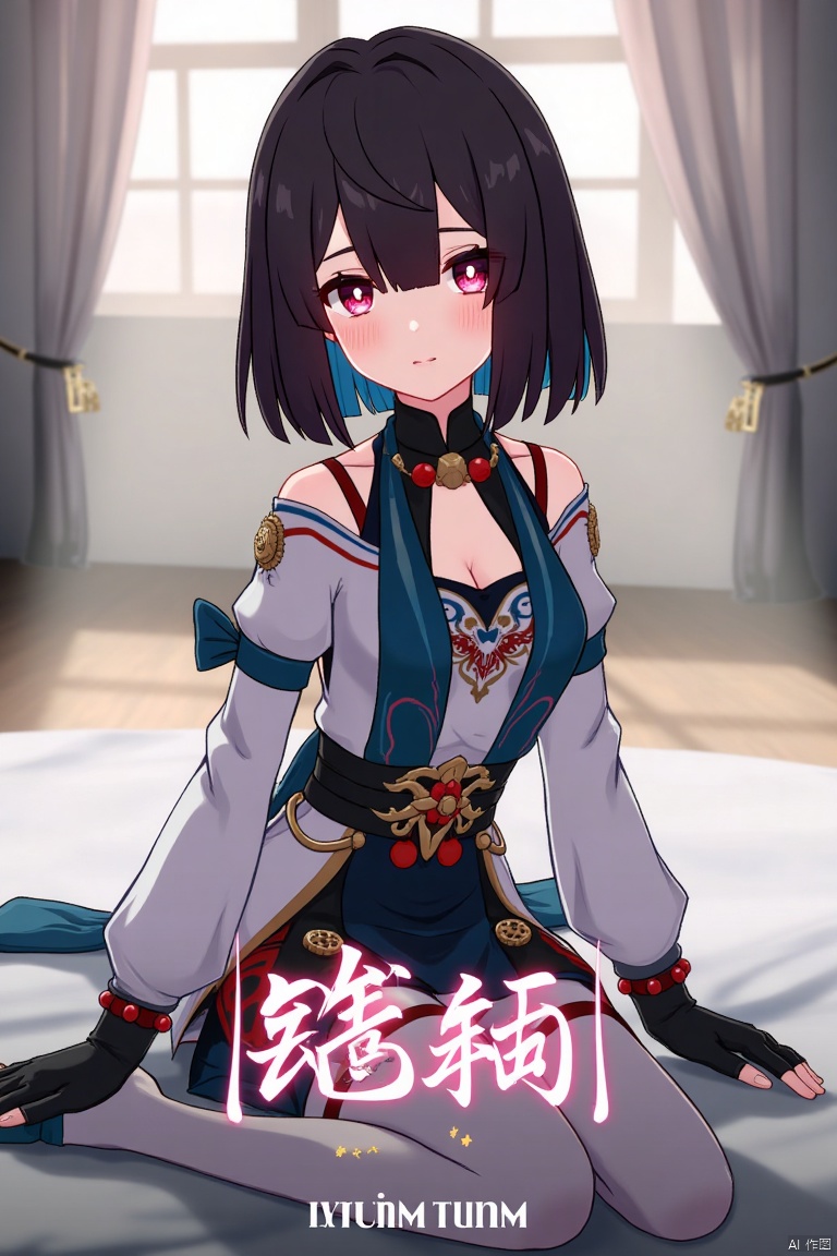 1girl, solo, xueyi, breasts, looking at viewer, blush, short hair, bangs, black hair, red eyes, thighhighs, gloves, dress, bare shoulders, sitting, closed mouth, blue hair, pantyhose, multicolored hair, black gloves, indoors, fingerless gloves, two-tone hair, white thighhighs, bed, feet out of frame, bed sheet, on bed, tassel, knees together feet apart, colored inner hair. Mid-shot framing with soft lighting, composition centered on the girl, artistic pose on a bed with a sheet. Movie poster style, three-dimensional text AGlong with poster theme in the middle below, cinematic and vibrant atmosphere.