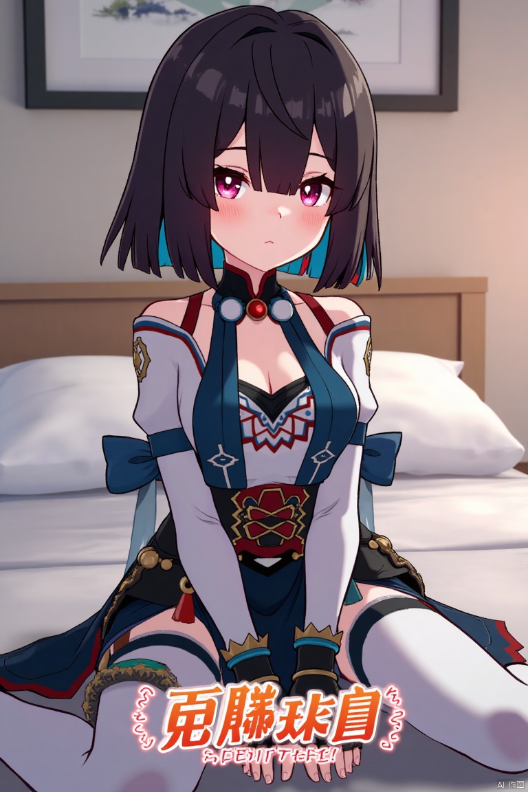 1girl, solo, xueyi, breasts, looking at viewer, blush, short hair, bangs, black hair, red eyes, thighhighs, gloves, dress, bare shoulders, sitting, closed mouth, blue hair, pantyhose, multicolored hair, black gloves, indoors, fingerless gloves, two-tone hair, white thighhighs, bed, feet out of frame, bed sheet, on bed, tassel, knees together feet apart, colored inner hair. Mid-shot framing with soft lighting, composition centered on the girl, artistic pose on a bed with a sheet. Movie poster style, three-dimensional text AGlong with poster theme in the middle below, cinematic and vibrant atmosphere.