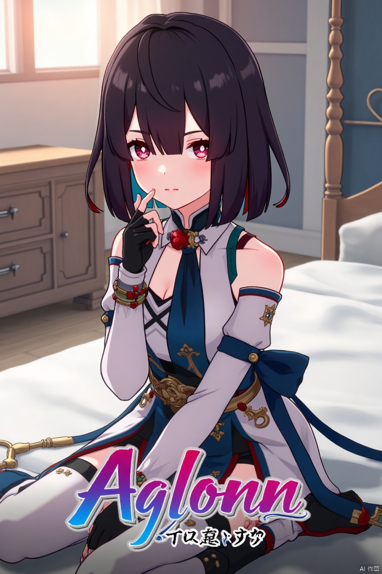 1girl, solo, xueyi, breasts, looking at viewer, blush, short hair, bangs, black hair, red eyes, thighhighs, gloves, dress, bare shoulders, sitting, closed mouth, blue hair, pantyhose, multicolored hair, black gloves, indoors, fingerless gloves, two-tone hair, white thighhighs, bed, feet out of frame, bed sheet, on bed, tassel, knees together feet apart, colored inner hair. Mid-shot framing with soft lighting, composition centered on the girl, artistic pose on a bed with a sheet. Movie poster style, three-dimensional text AGlong with poster theme in the middle below, vibrant and cinematic design.
