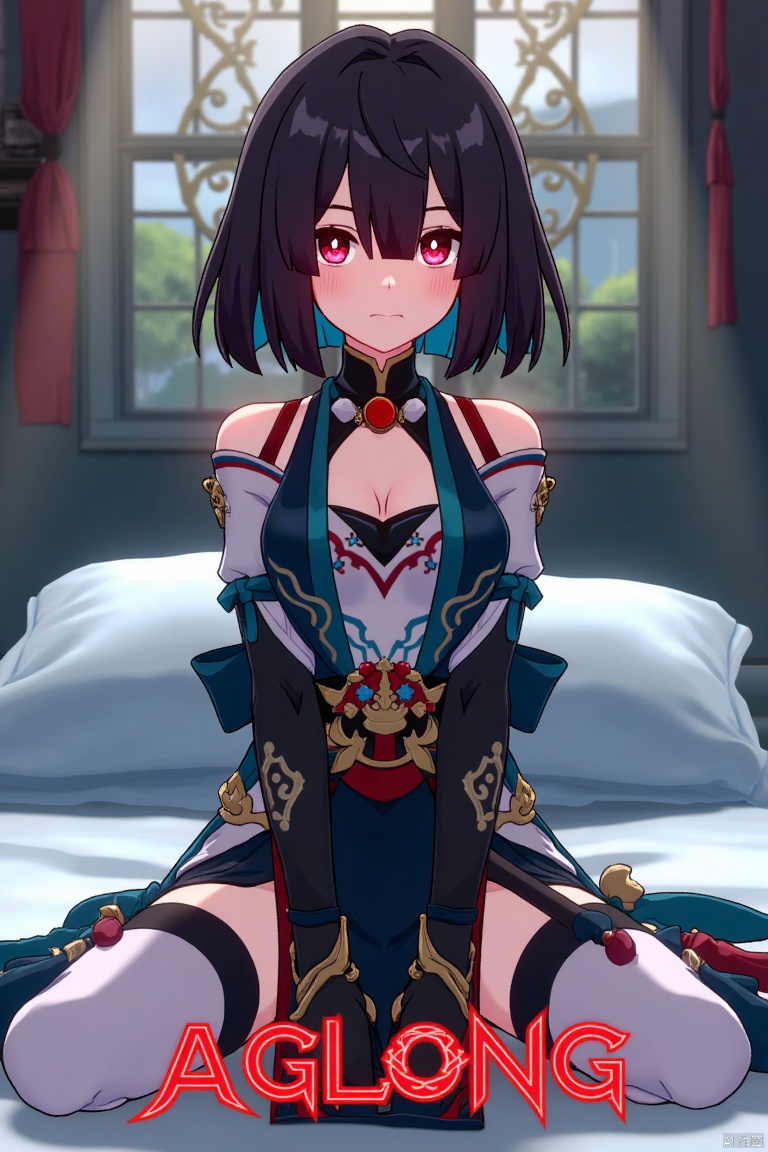 Movie poster design featuring xueyi, 1girl, solo, breasts, looking at viewer, blush, short hair, bangs, black hair, red eyes, thighhighs, gloves, dress, bare shoulders, sitting, closed mouth, blue hair, pantyhose, multicolored hair, black gloves, indoors, fingerless gloves, two-tone hair, white thighhighs, bed, feet out of frame, bed sheet, on bed, tassel, knees together feet apart, colored inner hair. The scene is framed with dramatic lighting, centered composition, and a cinematic atmosphere. Movie poster style with three-dimensional text AGlong in the middle below, featuring a dynamic composition, cinematic lighting, and vibrant colors.