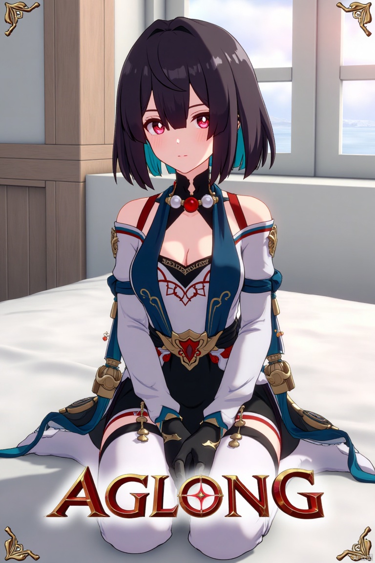 1girl, solo, xueyi, breasts, looking at viewer, blush, short hair, bangs, black hair, red eyes, thighhighs, gloves, dress, bare shoulders, sitting, closed mouth, blue hair, pantyhose, multicolored hair, black gloves, indoors, fingerless gloves, two-tone hair, white thighhighs, bed, feet out of frame, bed sheet, on bed, tassel, knees together feet apart, colored inner hair. Mid-shot framing with soft lighting, composition centered on the girl, artistic pose on a bed with a sheet. Movie poster style with three-dimensional text AGlong in the middle below, poster theme integrated.