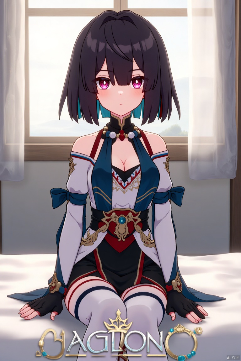 1girl, solo, xueyi, breasts, looking at viewer, blush, short hair, bangs, black hair, red eyes, thighhighs, gloves, dress, bare shoulders, sitting, closed mouth, blue hair, pantyhose, multicolored hair, black gloves, indoors, fingerless gloves, two-tone hair, white thighhighs, bed, feet out of frame, bed sheet, on bed, tassel, knees together feet apart, colored inner hair. Mid-shot framing with soft lighting, composition centered on the girl, artistic pose on a bed with a sheet. Movie poster style with three-dimensional text AGlong in the middle below, poster theme integrated.
