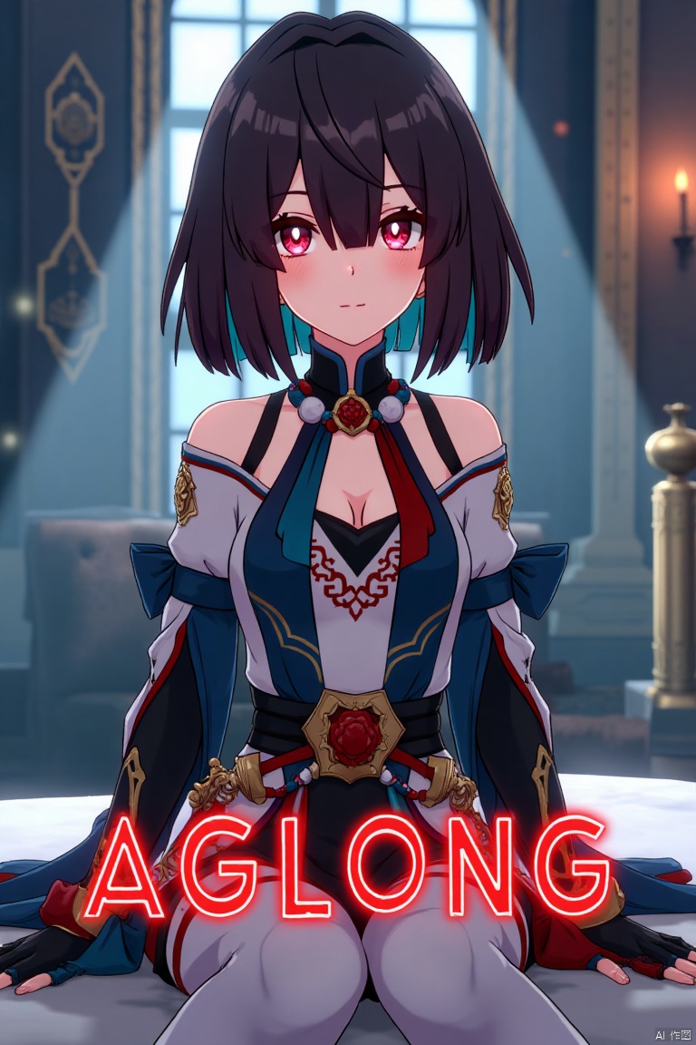 Movie poster design featuring xueyi, 1girl, solo, breasts, looking at viewer, blush, short hair, bangs, black hair, red eyes, thighhighs, gloves, dress, bare shoulders, sitting, closed mouth, blue hair, pantyhose, multicolored hair, black gloves, indoors, fingerless gloves, two-tone hair, white thighhighs, bed, feet out of frame, bed sheet, on bed, tassel, knees together feet apart, colored inner hair. The scene is framed with dramatic lighting, centered composition, and a cinematic atmosphere. Movie poster style with three-dimensional text AGlong in the middle below, featuring a dynamic composition, cinematic lighting, and vibrant colors.