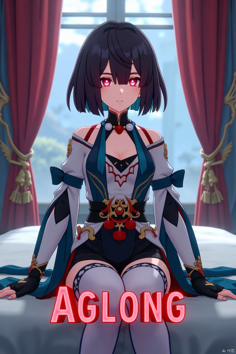 Movie poster design featuring xueyi, 1girl, solo, breasts, looking at viewer, blush, short hair, bangs, black hair, red eyes, thighhighs, gloves, dress, bare shoulders, sitting, closed mouth, blue hair, pantyhose, multicolored hair, black gloves, indoors, fingerless gloves, two-tone hair, white thighhighs, bed, feet out of frame, bed sheet, on bed, tassel, knees together feet apart, colored inner hair. The scene is framed with dramatic lighting, centered composition, and a cinematic atmosphere. Movie poster style with three-dimensional text AGlong in the middle below, featuring a dynamic composition, cinematic lighting, and vibrant colors.