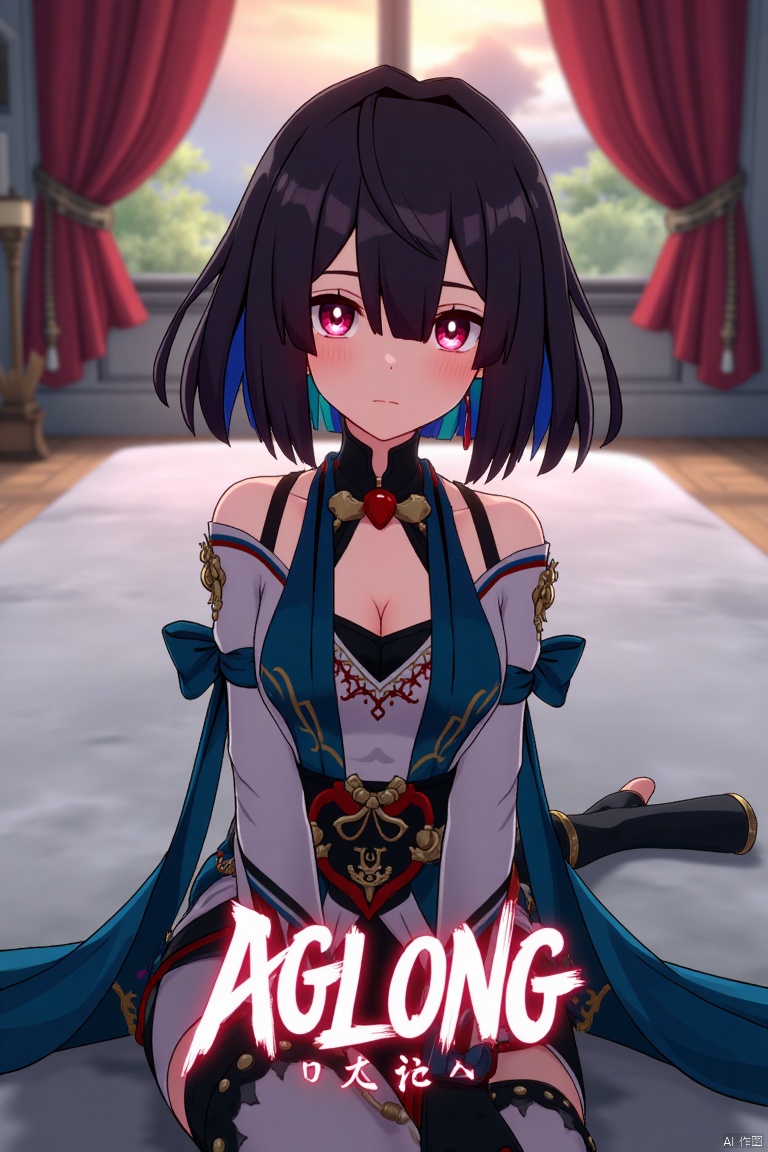 Movie poster design featuring xueyi, 1girl, solo, breasts, looking at viewer, blush, short hair, bangs, black hair, red eyes, thighhighs, gloves, dress, bare shoulders, sitting, closed mouth, blue hair, pantyhose, multicolored hair, black gloves, indoors, fingerless gloves, two-tone hair, white thighhighs, bed, feet out of frame, bed sheet, on bed, tassel, knees together feet apart, colored inner hair. The scene is framed with dramatic lighting, centered composition, and a cinematic atmosphere. Movie poster style with three-dimensional text AGlong in the middle below, featuring a dynamic composition, cinematic lighting, and vibrant colors.