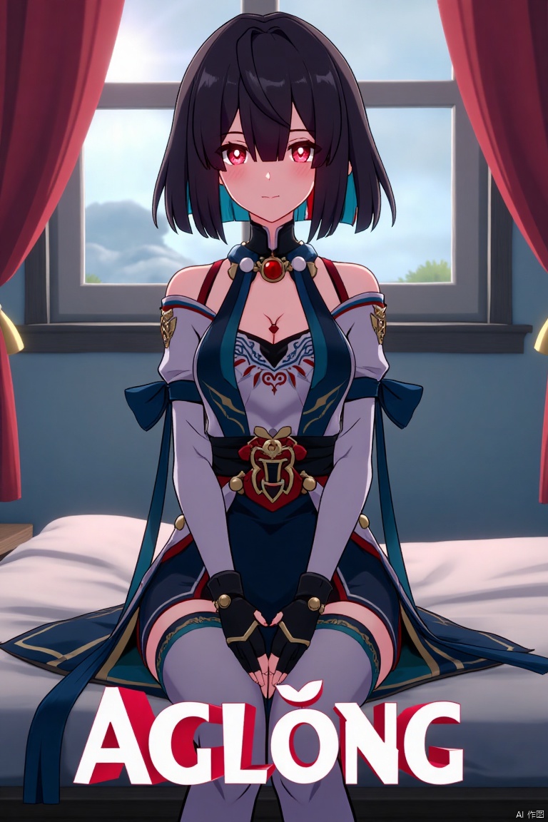 Movie poster design featuring xueyi, 1girl, solo, breasts, looking at viewer, blush, short hair, bangs, black hair, red eyes, thighhighs, gloves, dress, bare shoulders, sitting, closed mouth, blue hair, pantyhose, multicolored hair, black gloves, indoors, fingerless gloves, two-tone hair, white thighhighs, bed, feet out of frame, bed sheet, on bed, tassel, knees together feet apart, colored inner hair. The scene is framed with dramatic lighting, centered composition, and a cinematic atmosphere. Movie poster style with three-dimensional text AGlong in the middle below, featuring a dynamic composition, cinematic lighting, and vibrant colors.