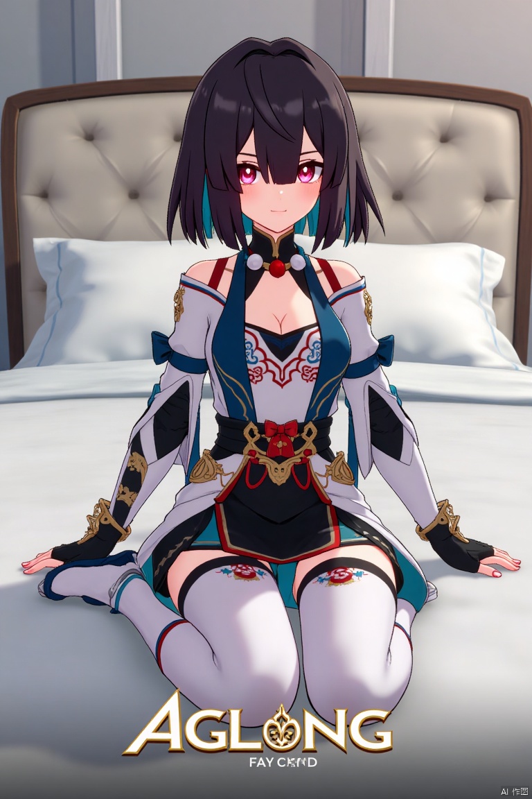 1girl, solo, xueyi, breasts, looking at viewer, blush, short hair, bangs, black hair, red eyes, thighhighs, gloves, dress, bare shoulders, sitting, closed mouth, blue hair, pantyhose, multicolored hair, black gloves, indoors, fingerless gloves, two-tone hair, white thighhighs, bed, feet out of frame, bed sheet, on bed, tassel, knees together feet apart, colored inner hair. Mid-shot framing with soft lighting, composition centered on the girl, artistic pose on a bed with a sheet. Movie poster style with three-dimensional text AGlong in the middle below, poster theme integrated.